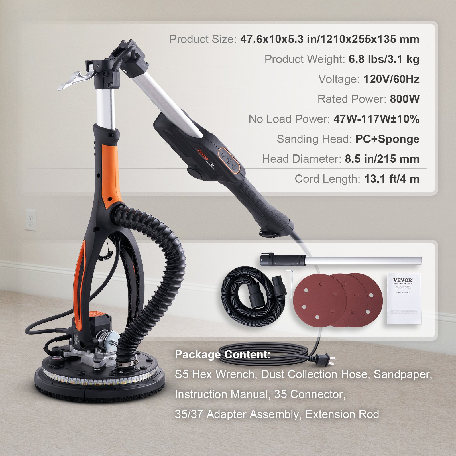 Drywall Sander, 800W Brushless Motor Electric Sander, 12 Sanding Discs