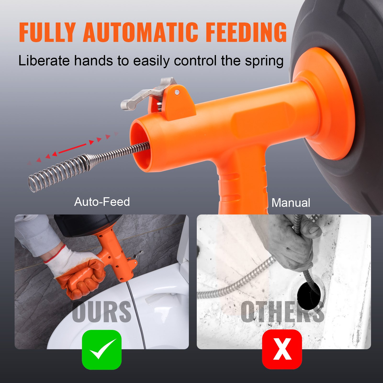 Drain Auger 25Ft, Plumbing Snake Auto Feed, Plumbers Snake with Drill Attachment