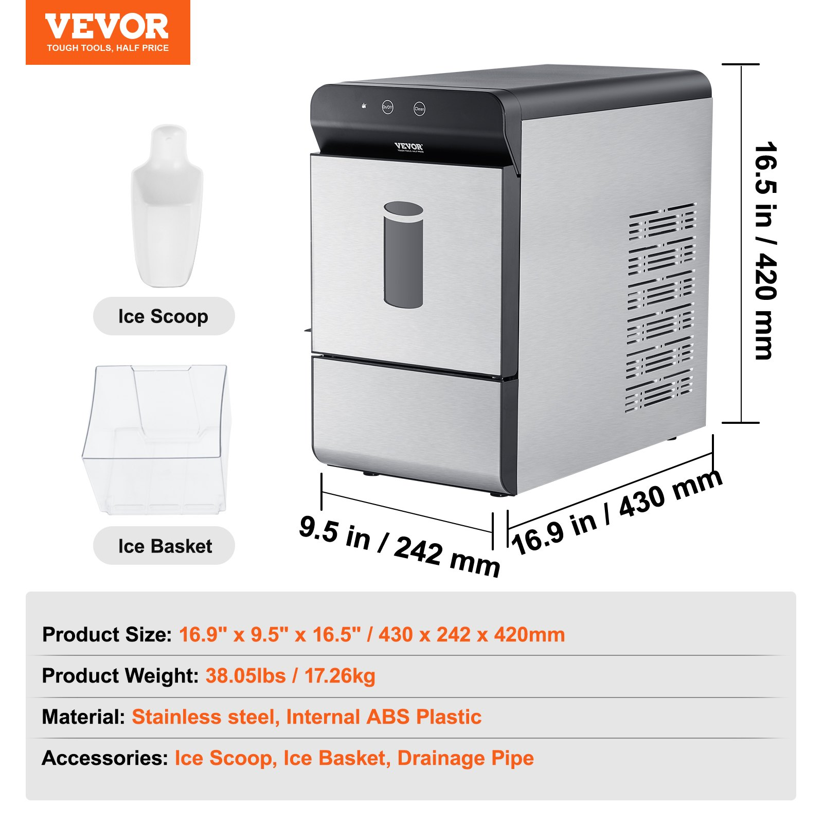 VEVOR Countertop Ice Maker, 37lbs in 24Hrs, Auto Self-Cleaning Portable Ice Make