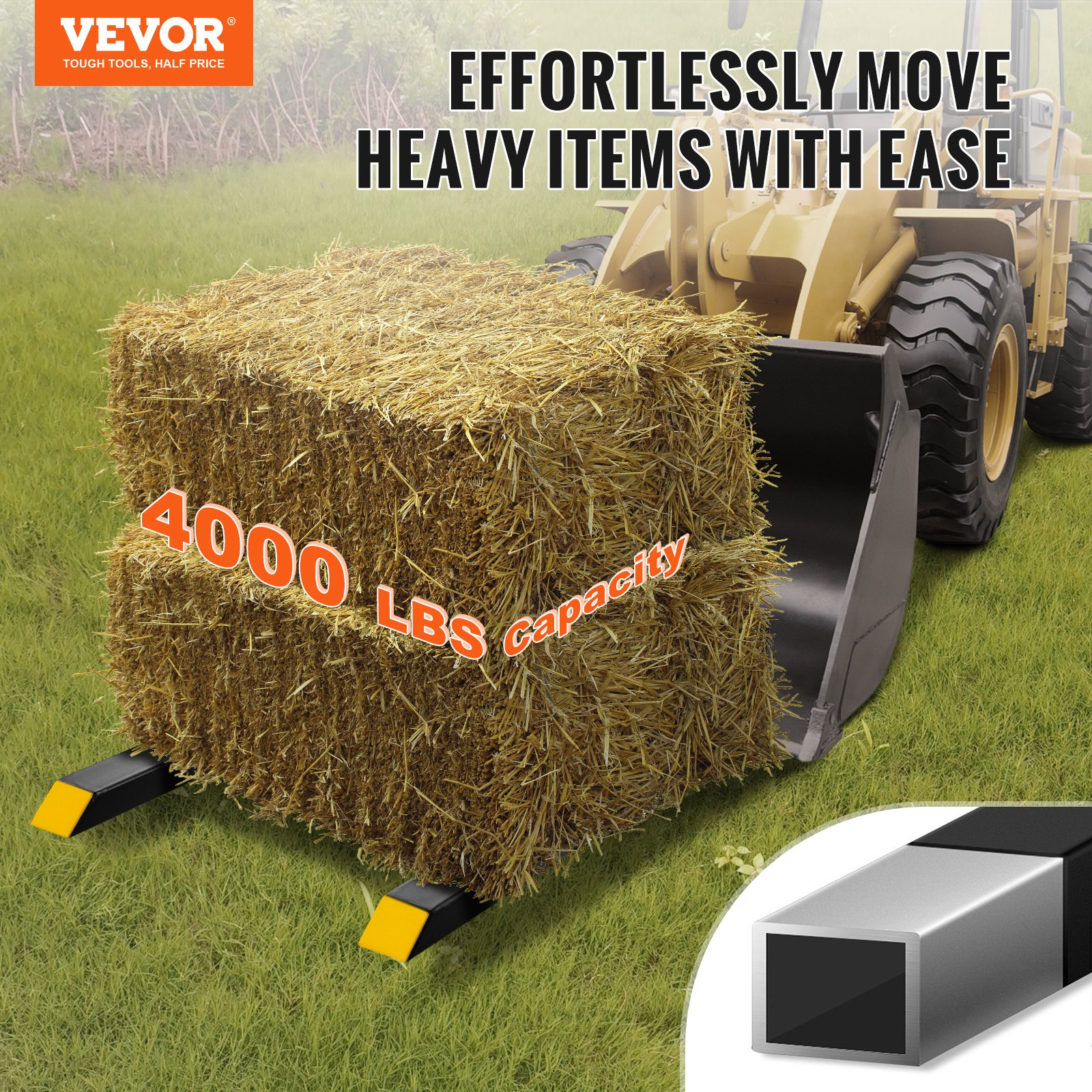 Pallet Forks 4000 lbs, 60″ Clamp-On Tractor Forks w/ Stabilizer Bar, Skid Steer