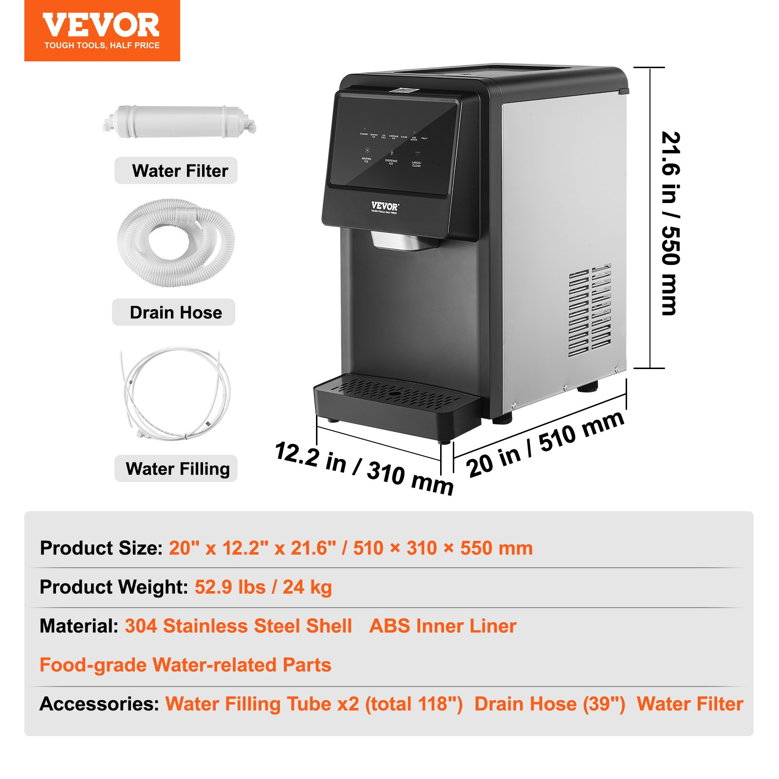 VEVOR Countertop Ice Maker, 62lbs in 24Hrs, Auto Self-Cleaning Portable Ice Make