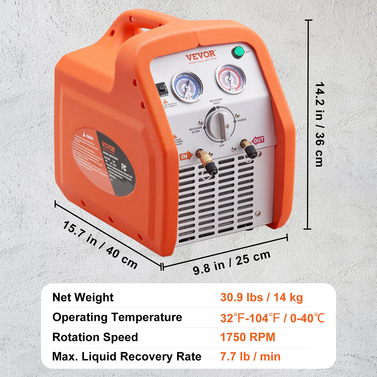 1 HP Refrigerant Recovery Machine - Dual Cylinder Portable AC Recovery Machine w