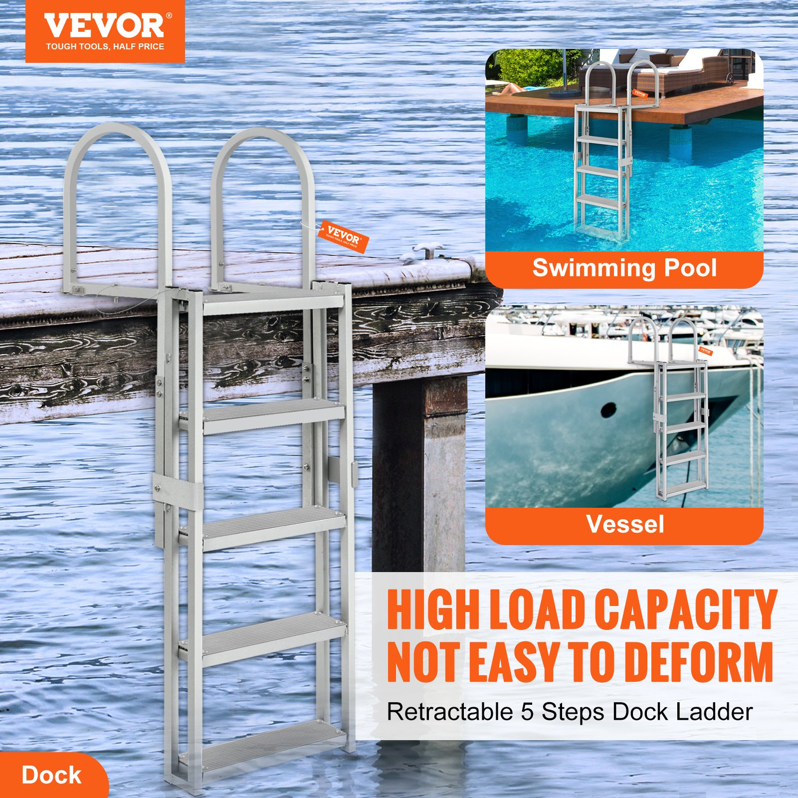 Dock Ladder, Retractable 5 Steps, for Ship/Lake/Pool/Marine Boarding
