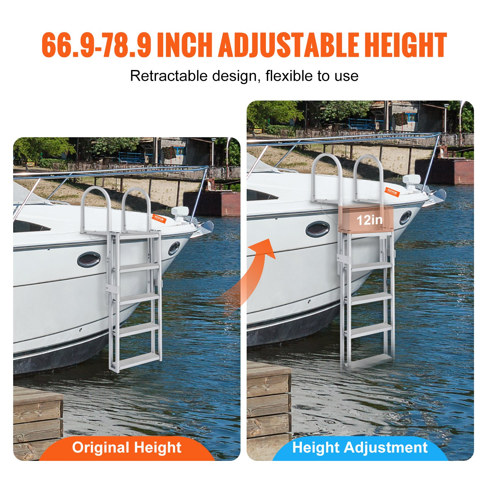 Dock Ladder, Retractable 5 Steps, for Ship/Lake/Pool/Marine Boarding