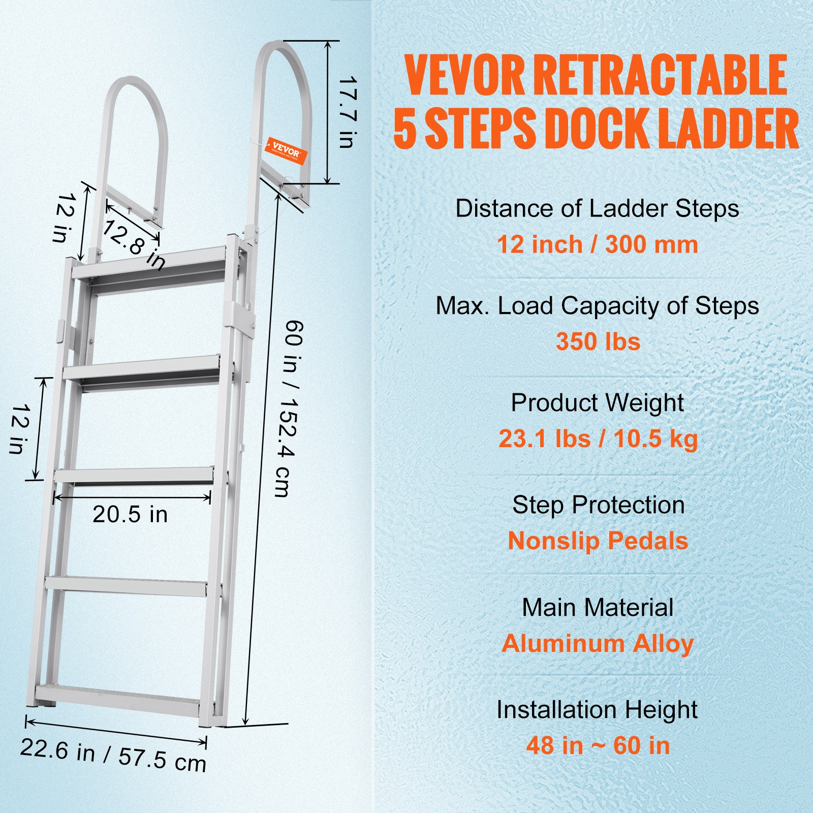 Dock Ladder, Retractable 5 Steps, for Ship/Lake/Pool/Marine Boarding
