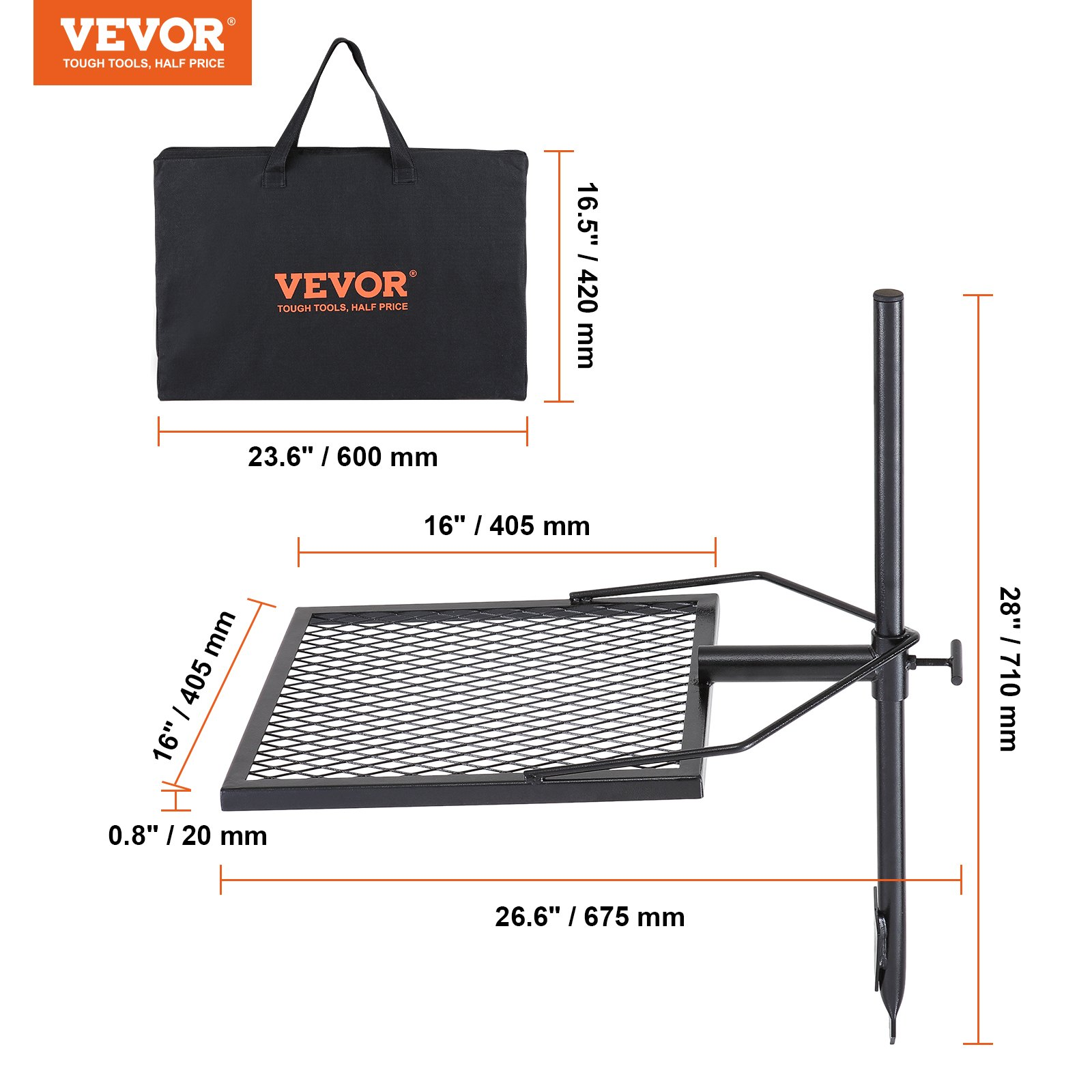 VEVOR Swivel Campfire Grill, Fire Pit Grill Grate over Fire Pits, Heavy Duty Ste