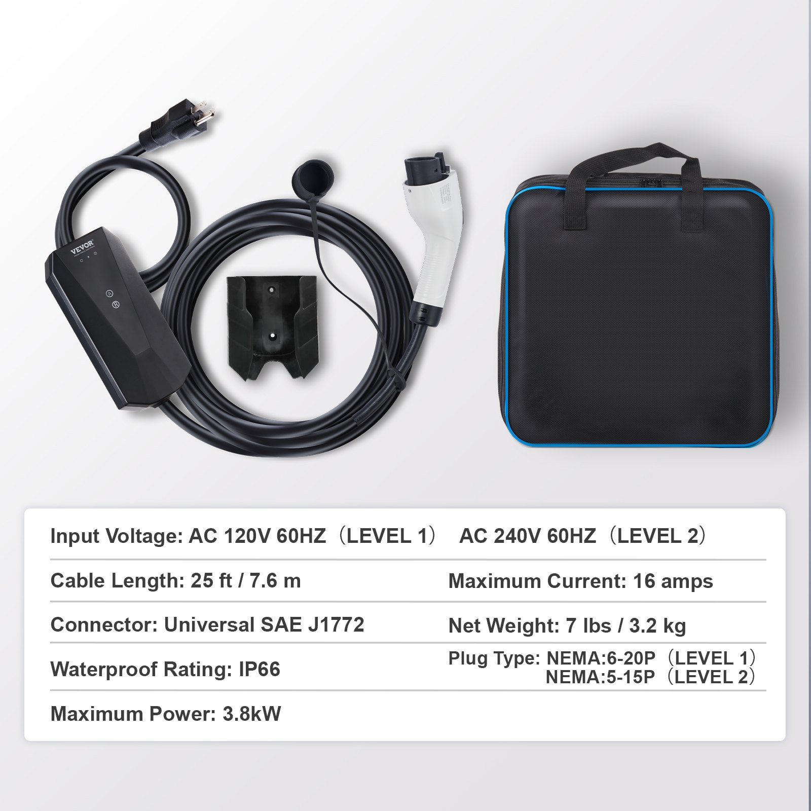 Level 1+2 Portable EV Charger, 16 Amp 120V or 240V, Electric Vehicle Charger wi - Picture 8 of 12