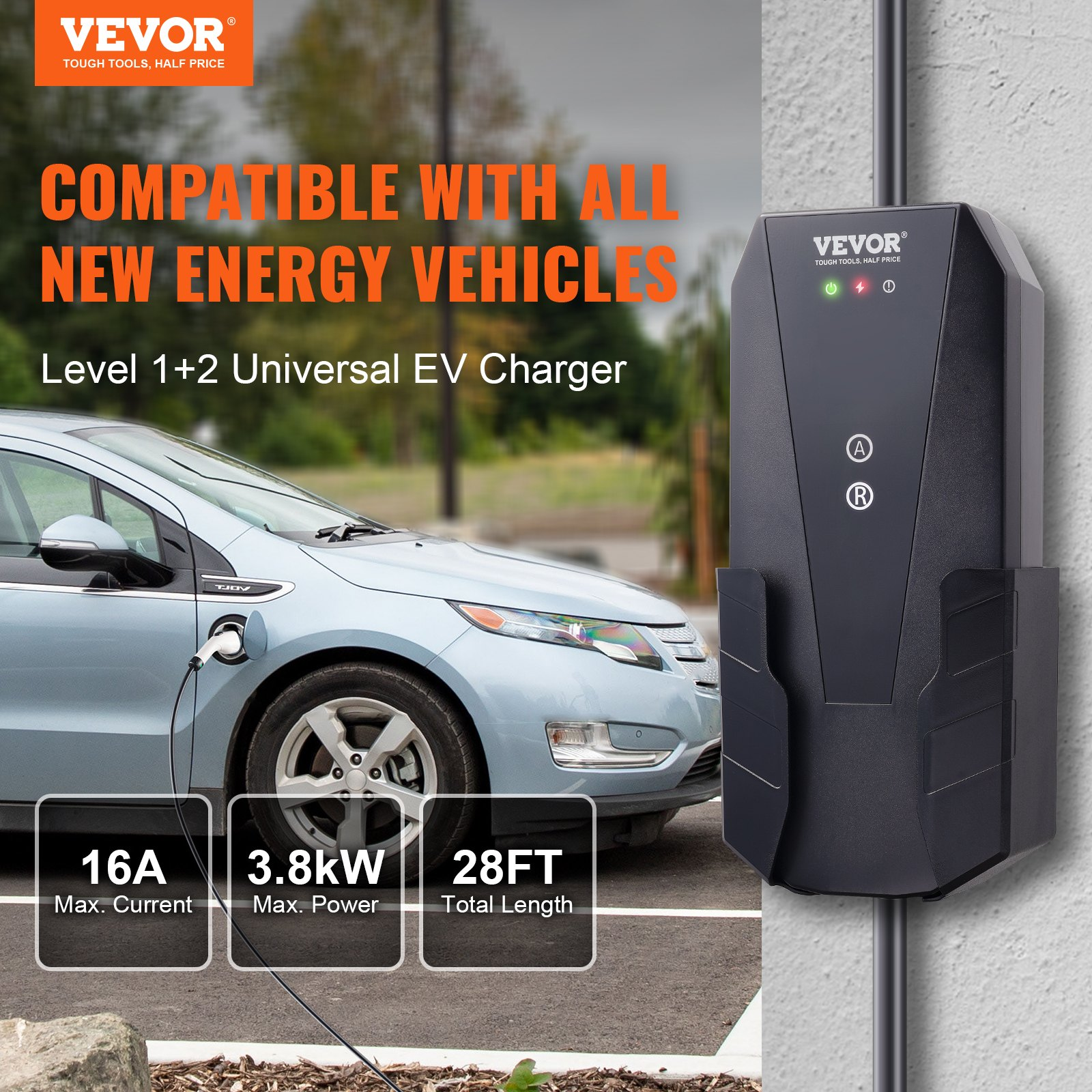 Level 1+2 Portable EV Charger, 16 Amp 120V or 240V, Electric Vehicle Charger wi