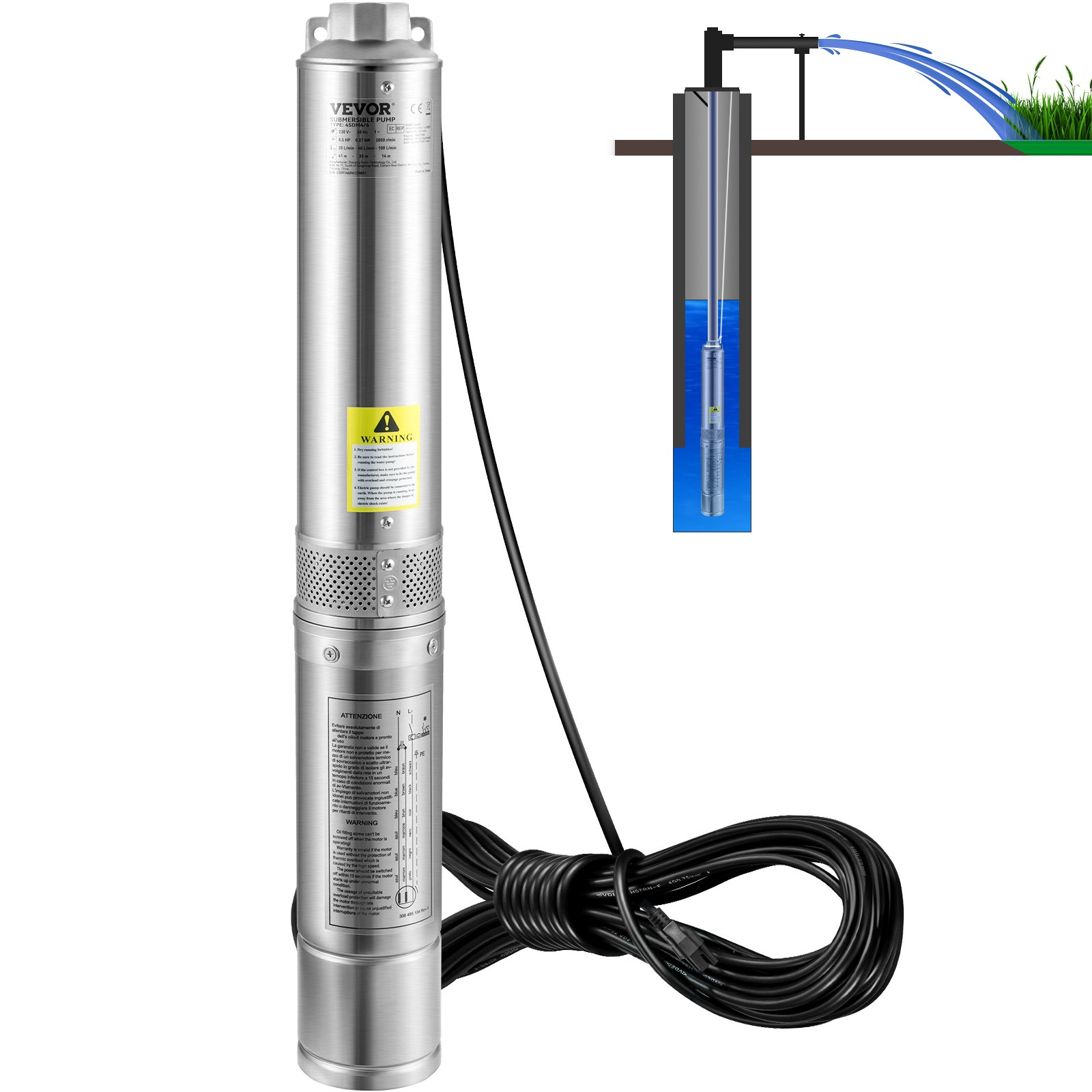 Deep Well Submersible Pump, 1HP 115V/60Hz, 37gpm Flow, 207ft Head