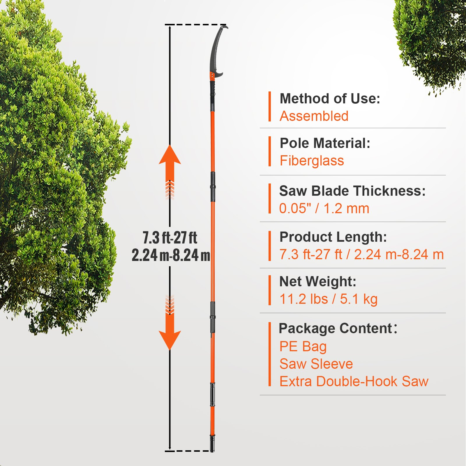 7.3-27ft Extendable Pole Saw Pruner Steel Blade Tree Branch Trimmer Fiberglass