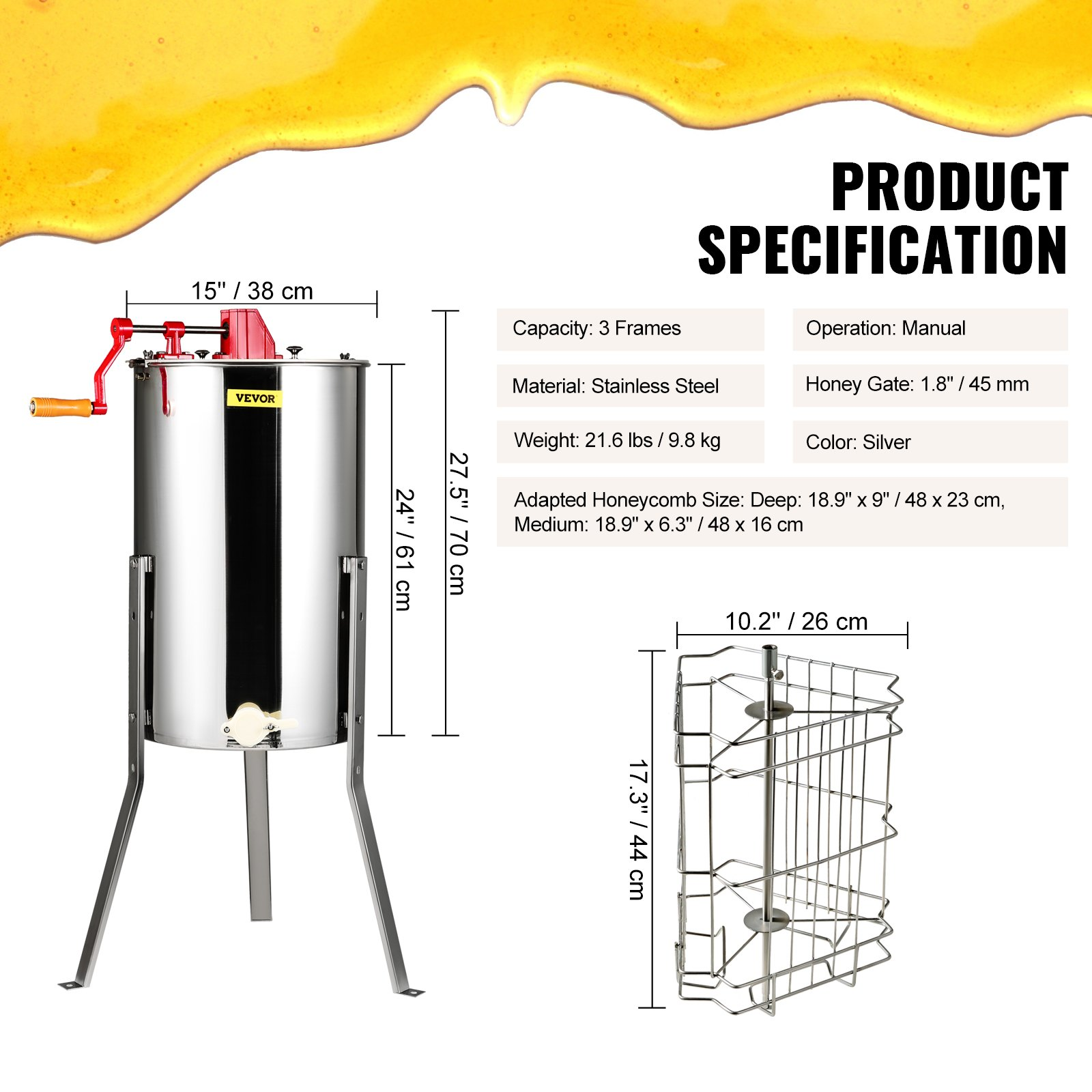 Manual Honey Extractor, 3 Frames Stainless Steel Spinner w/ Adjustable Stand