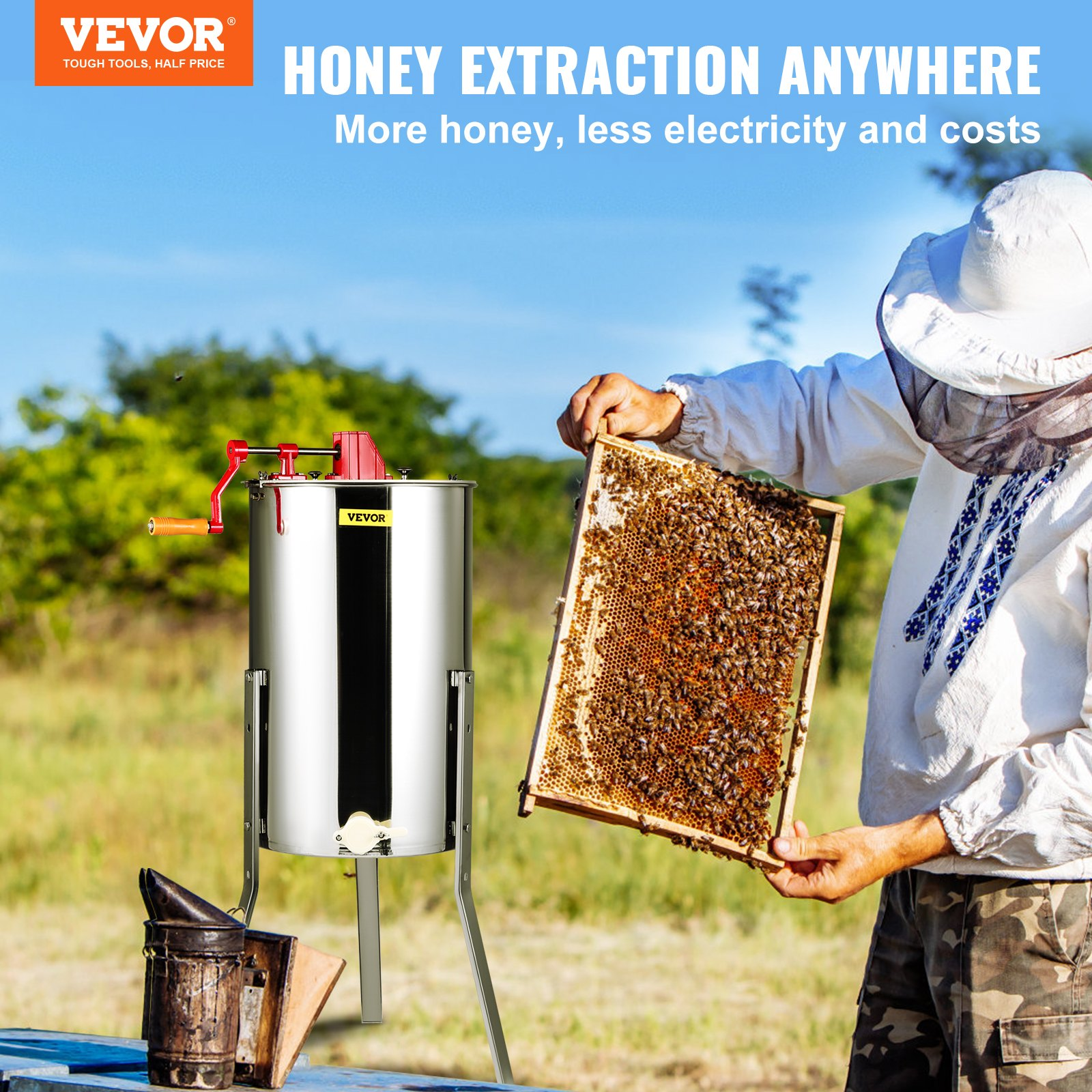 Manual Honey Extractor, 3 Frames Stainless Steel Spinner w/ Adjustable Stand