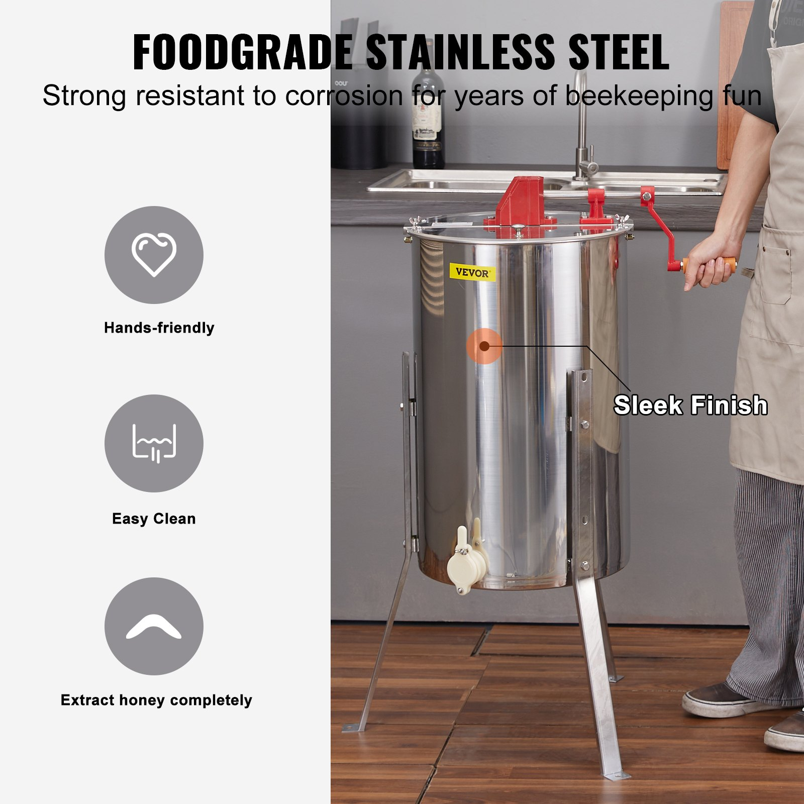 Manual Honey Extractor, 3 Frames Stainless Steel Spinner w/ Adjustable Stand