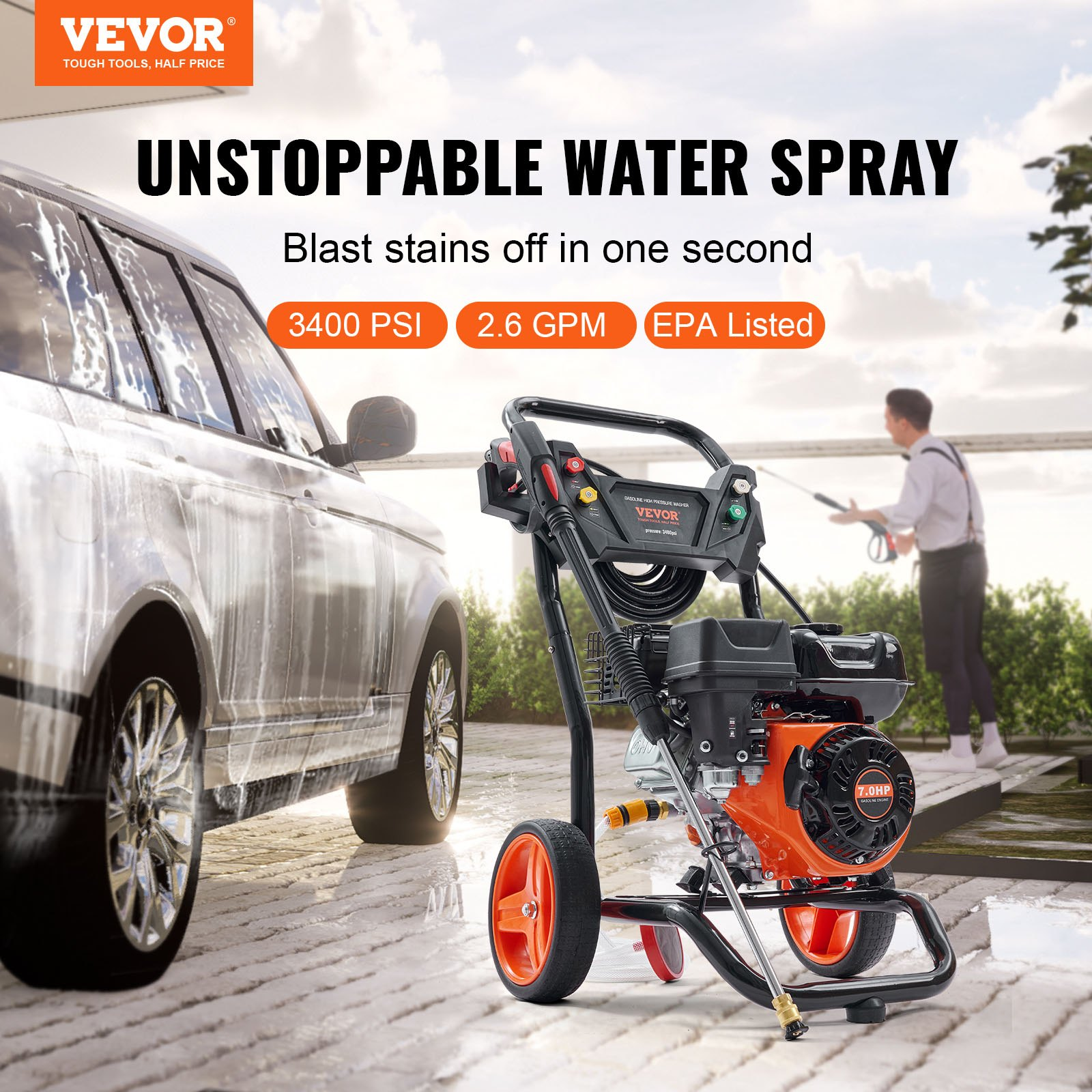 3400 PSI Gas Pressure Washer 2.6 GPM Power Washer w/5 Nozzles & Wand