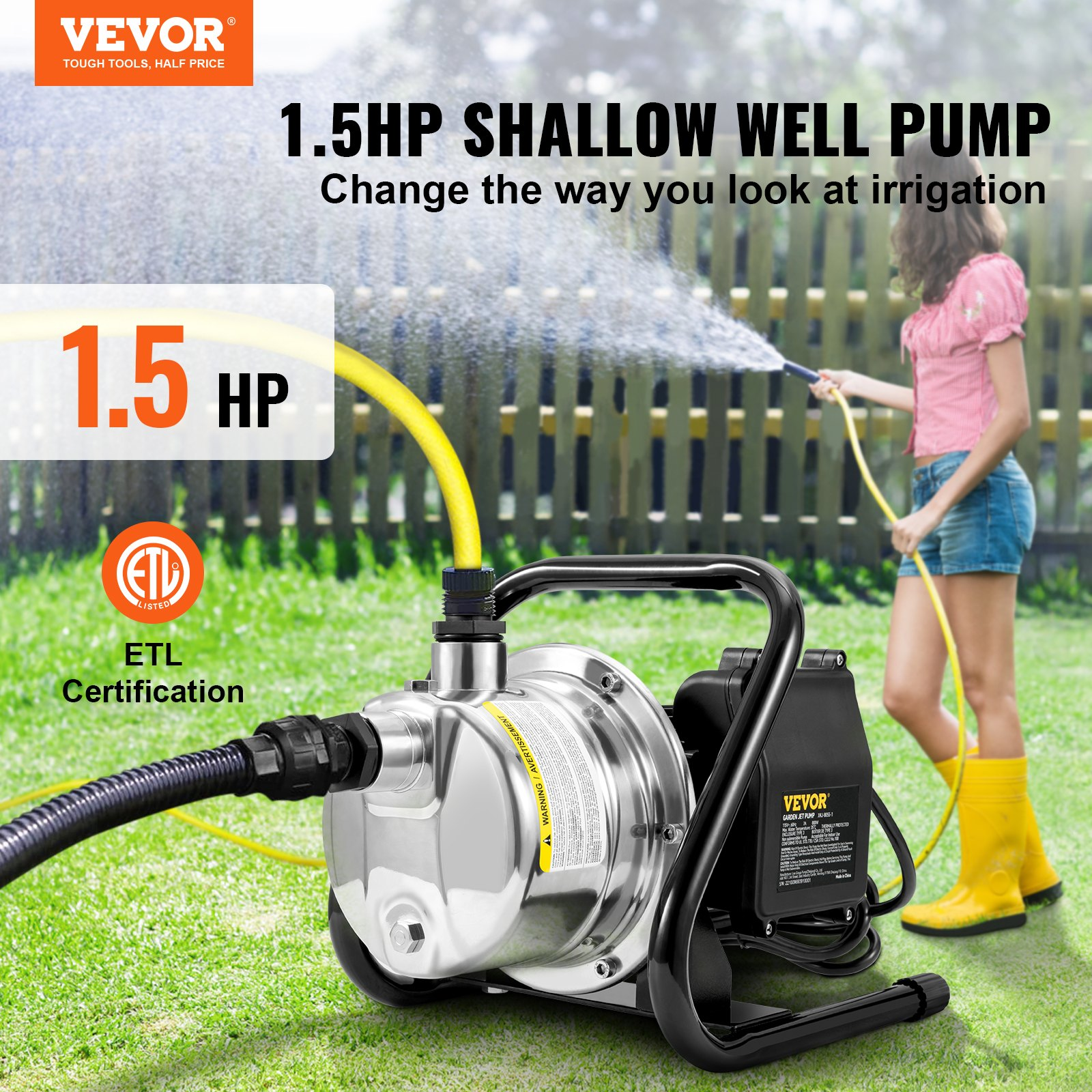 1.5HP Shallow Well Pump 1200GPH Stainless Steel Jet Pump 115V Water Booster