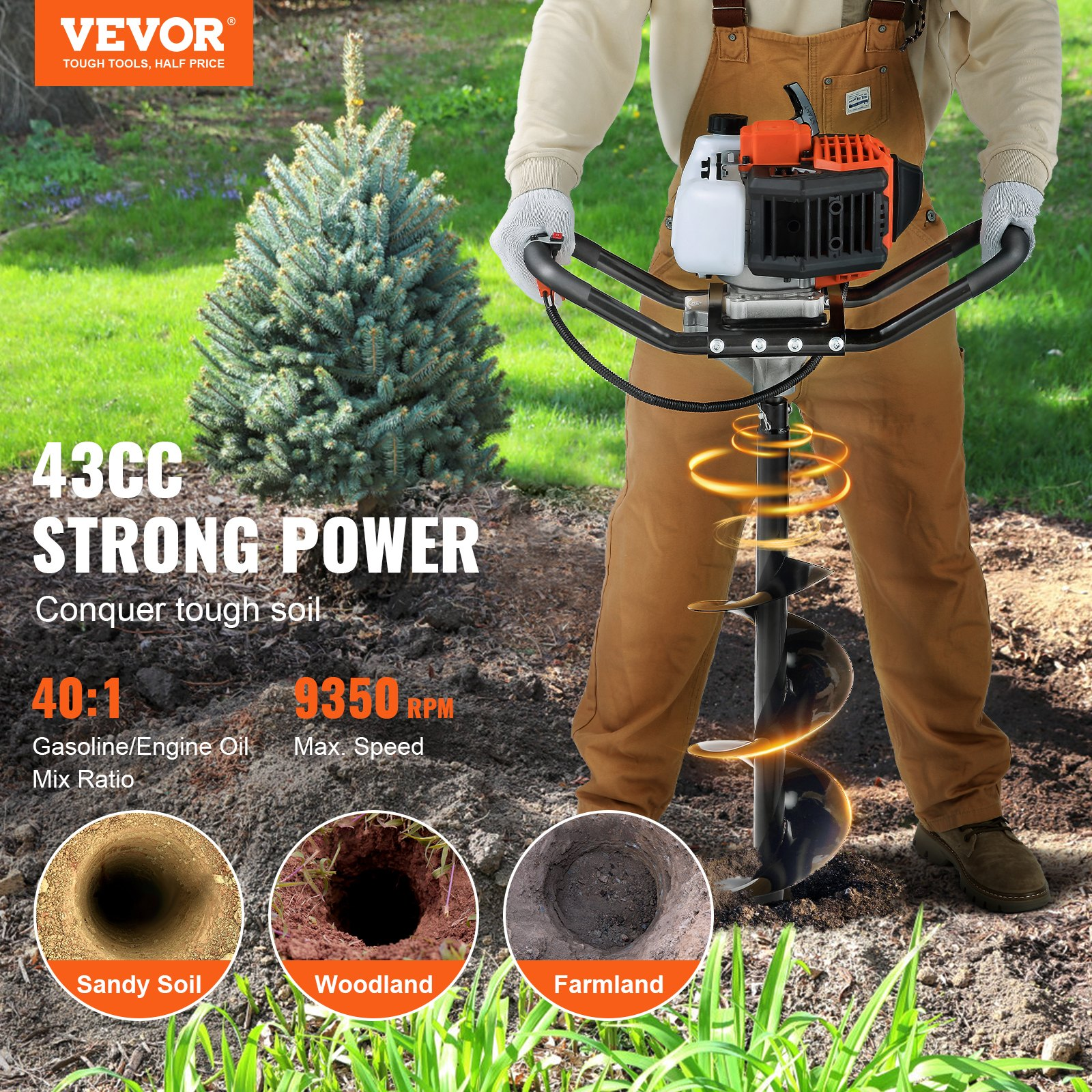 Post Hole Digger, 43cc 1250W Auger Post Hole digger, EPA certification