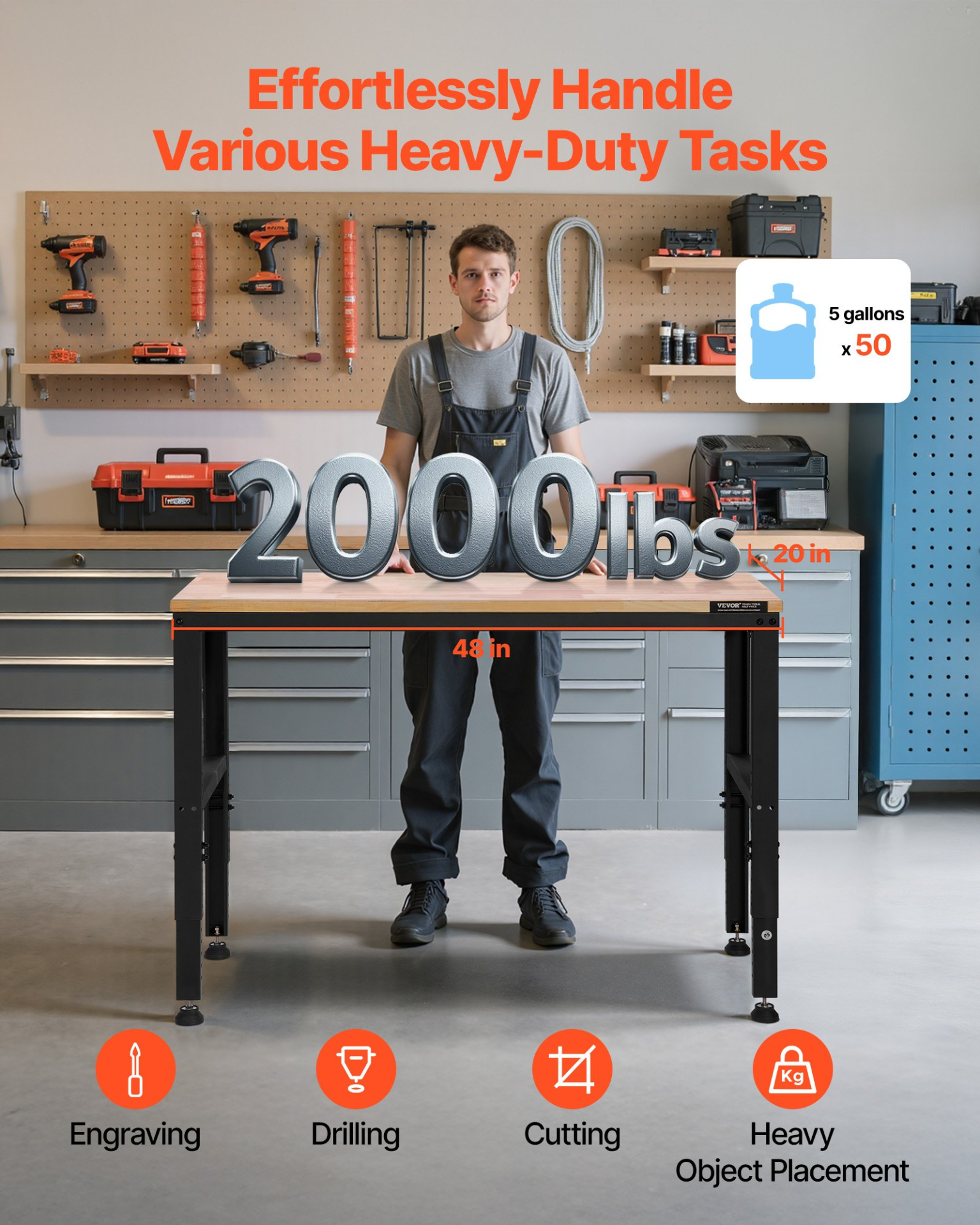 Adjustable Workbench 48x20" Heavy Duty 2000LB w/ Power Outlets