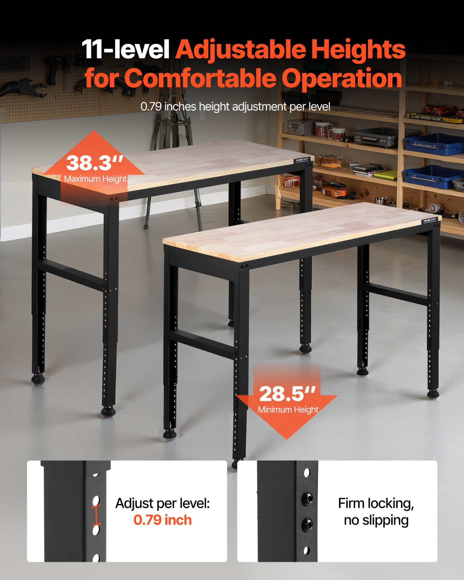 Adjustable Workbench 48x20" Heavy Duty 2000LB w/ Power Outlets