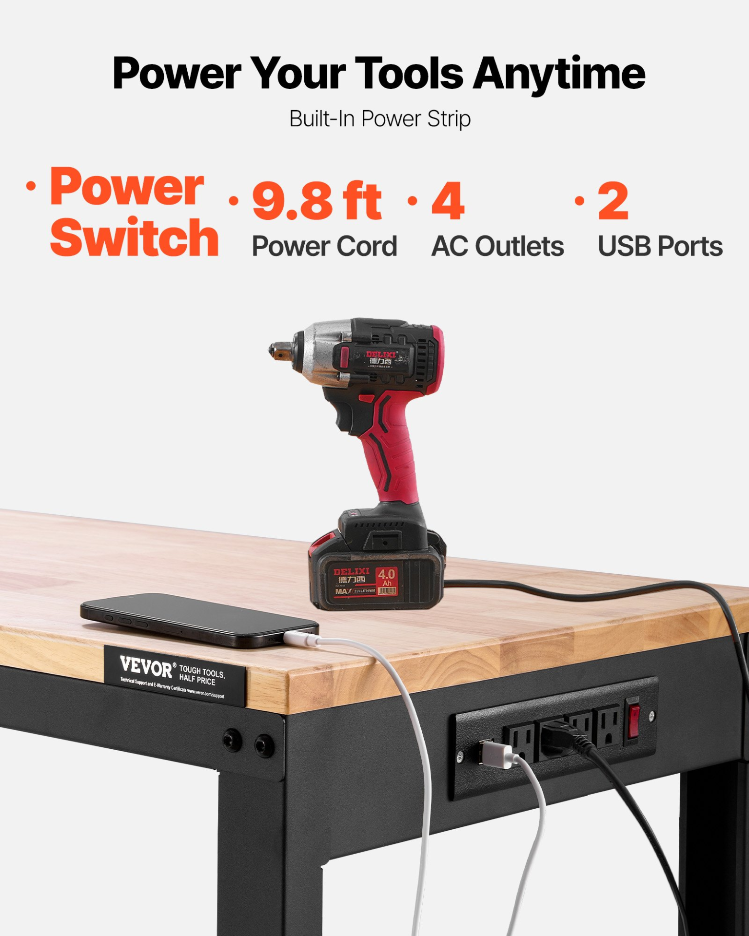 Adjustable Workbench 48x20" Heavy Duty 2000LB w/ Power Outlets