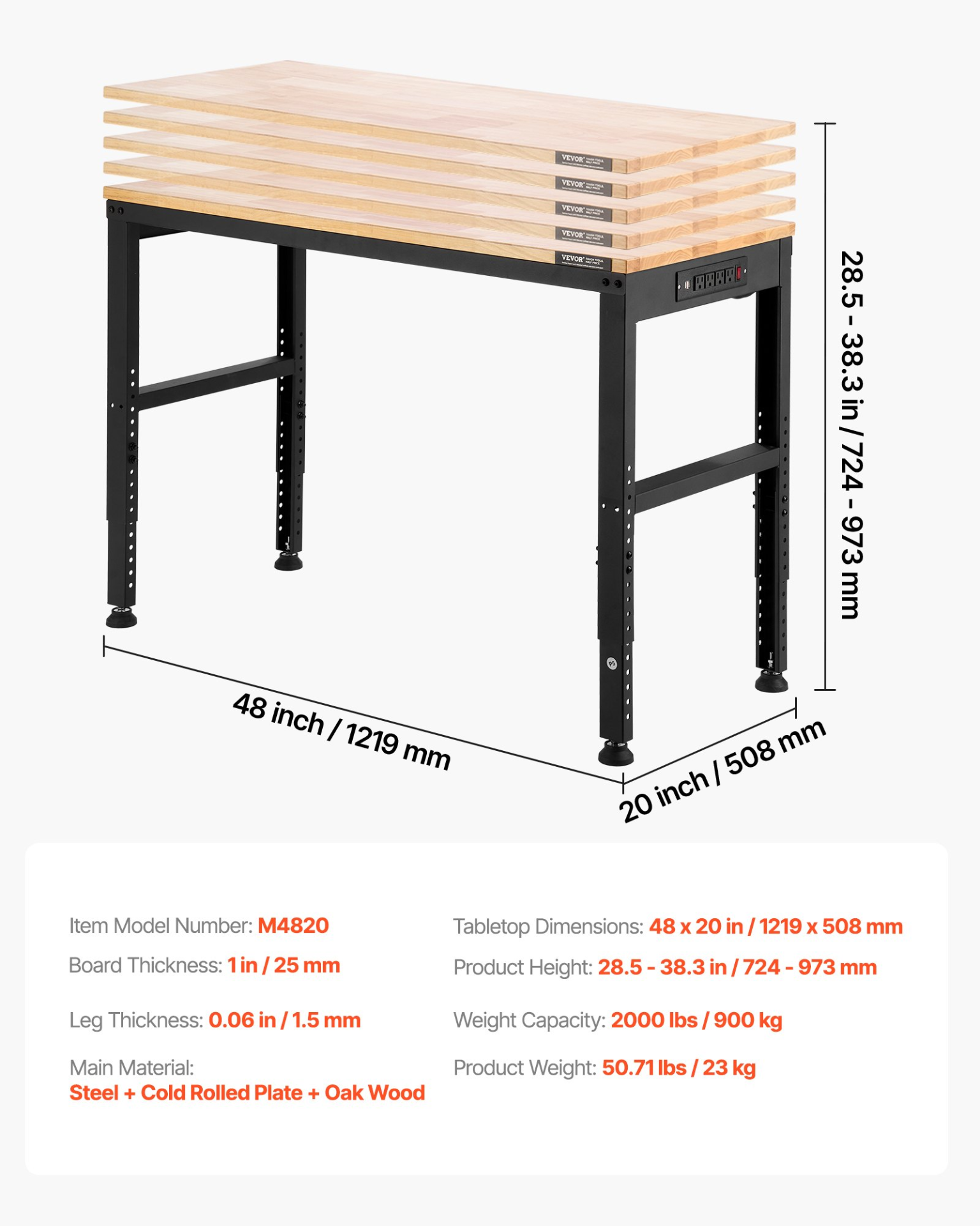Adjustable Workbench 48x20" Heavy Duty 2000LB w/ Power Outlets