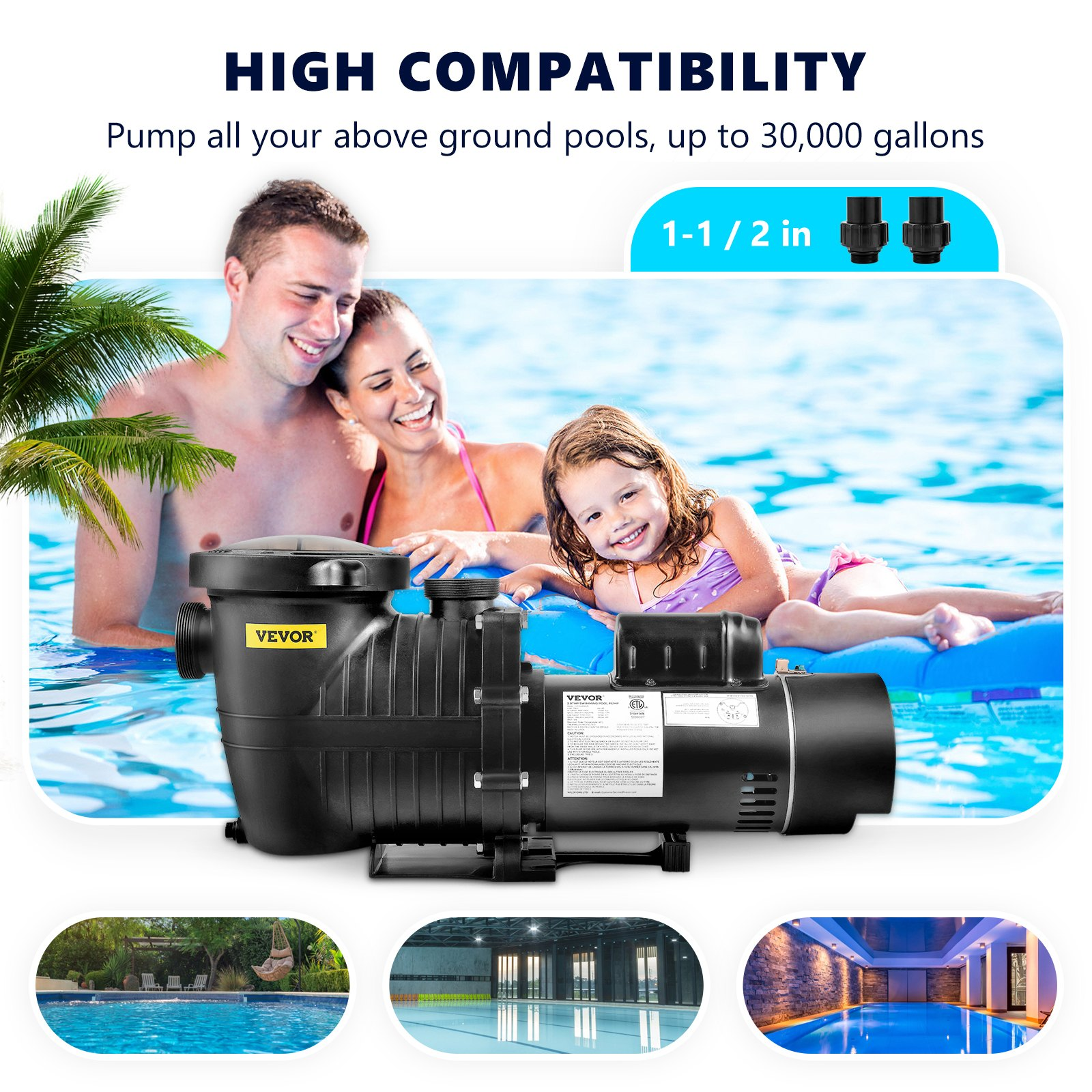 Pool Pump 1.5HP 230V, Energy Saving Swimming Pool Pump