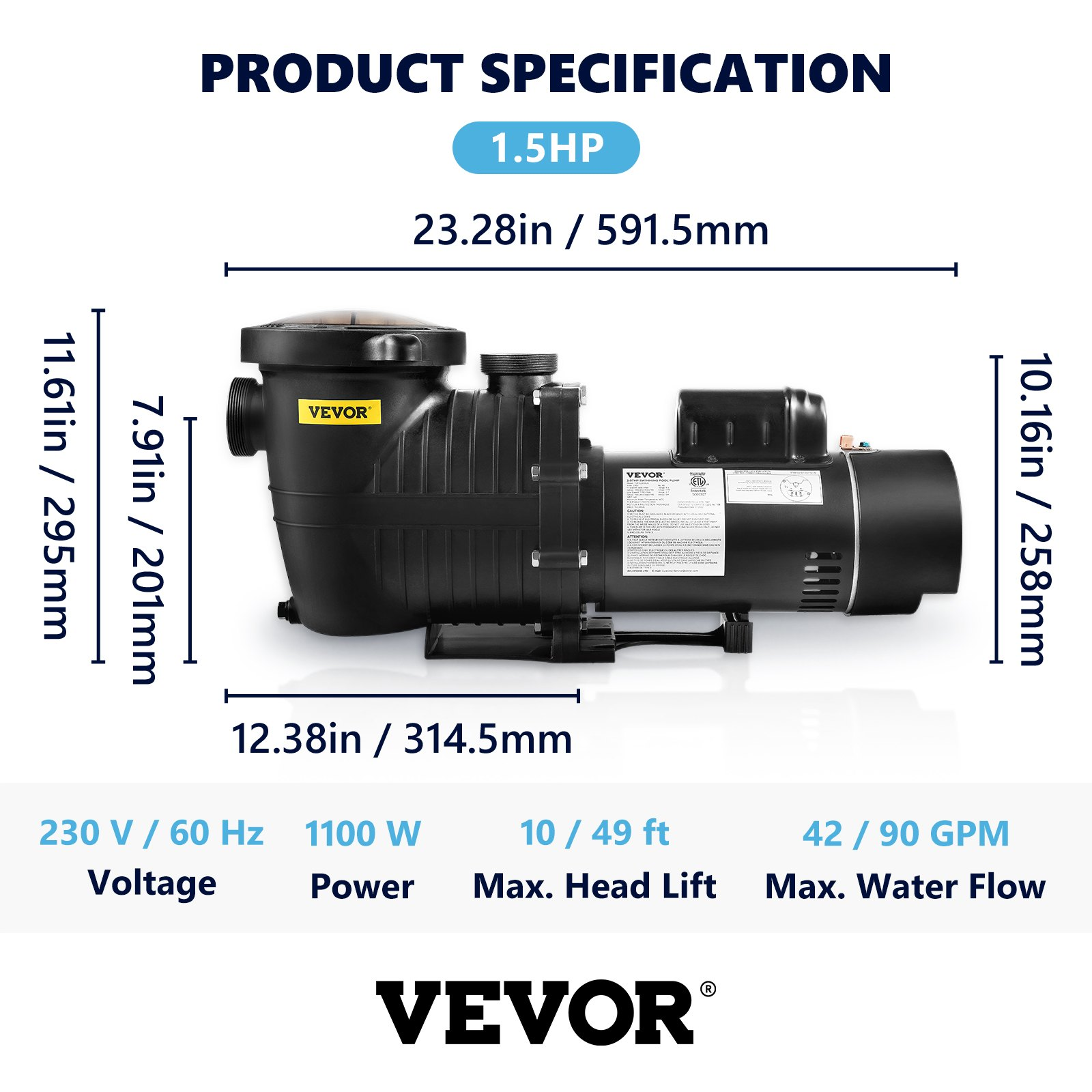 Pool Pump 1.5HP 230V, Energy Saving Swimming Pool Pump