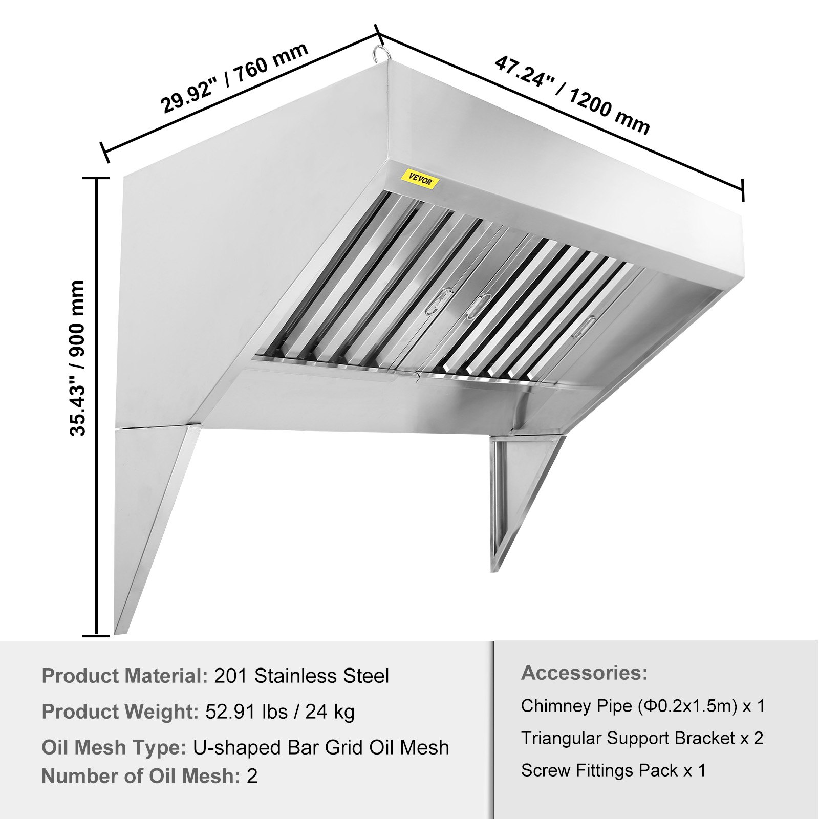 4FT Commercial Exhaust Hood, Stainless Steel Food Truck Vent with 2 Oil Filters - Picture 7 of 12
