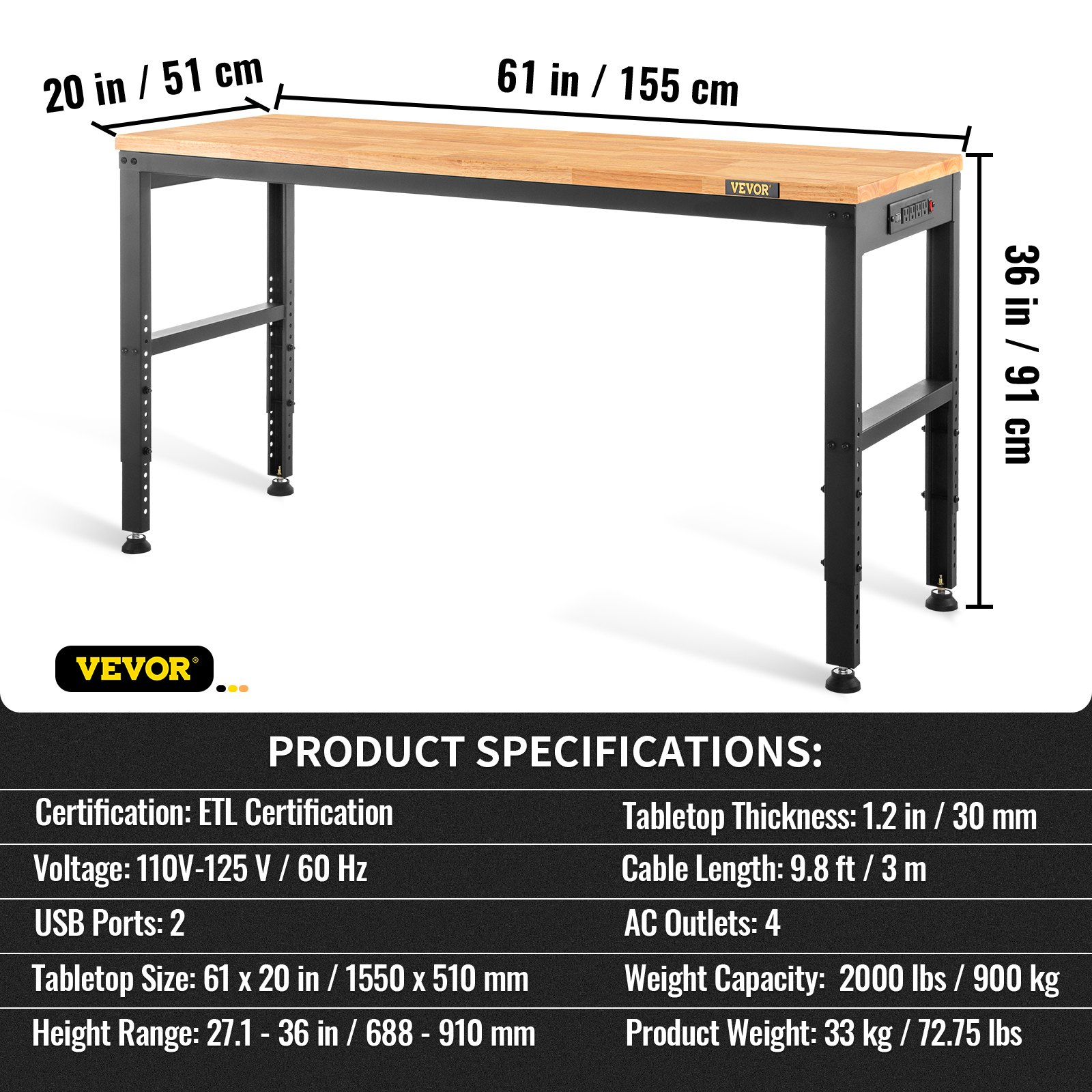 Adjustable Workbench, 2000 lbs Capacity, Workshop