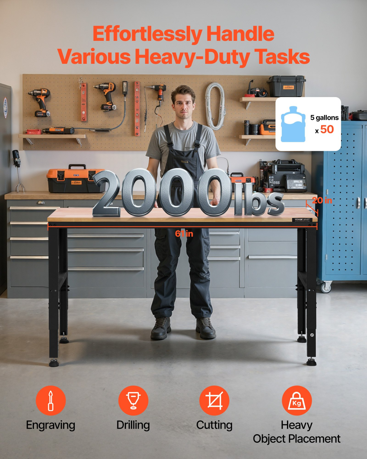 Adjustable Workbench 61x20" Heavy Duty 2000LB w/ Power Outlets