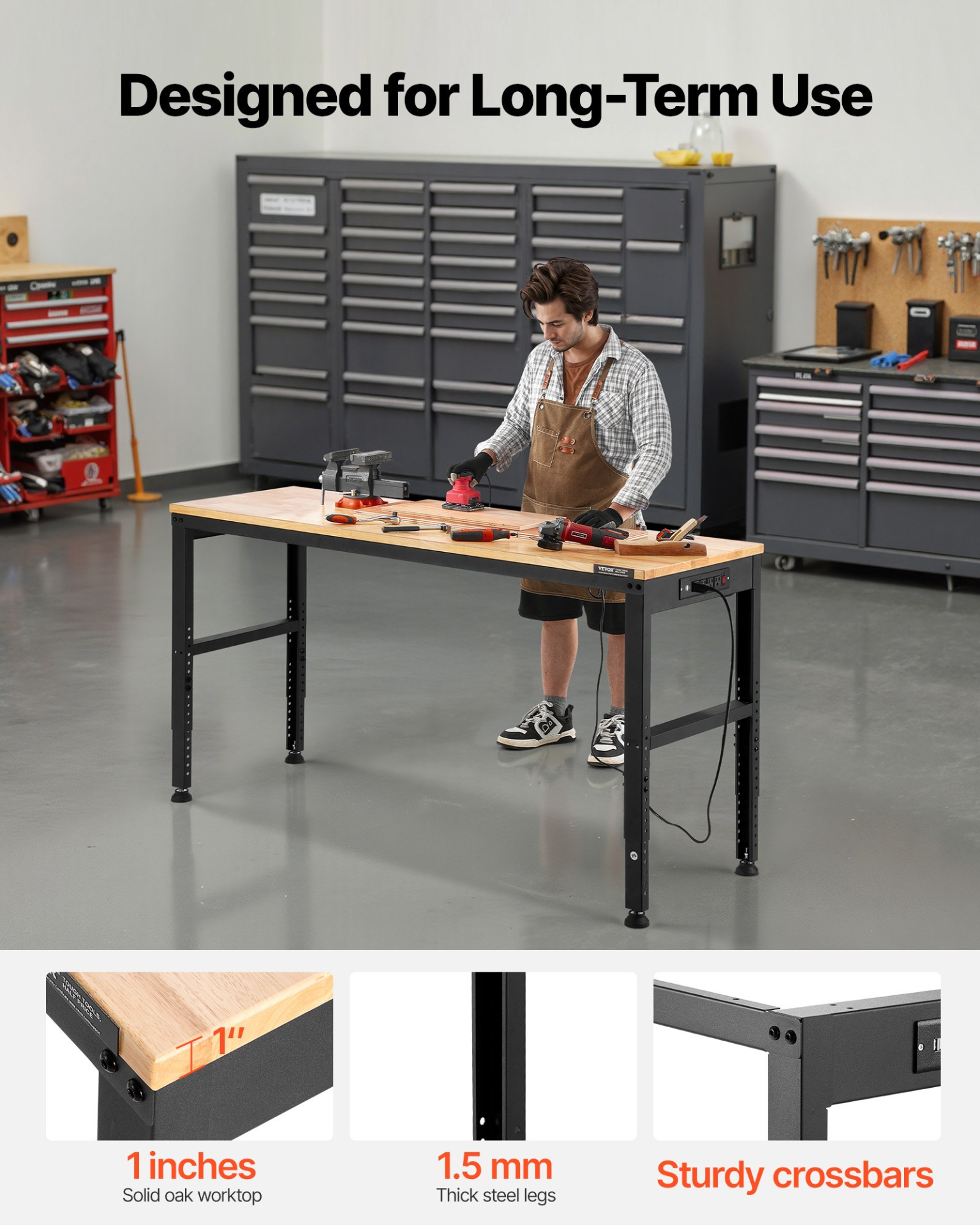 Adjustable Workbench 61x20" Heavy Duty 2000LB w/ Power Outlets