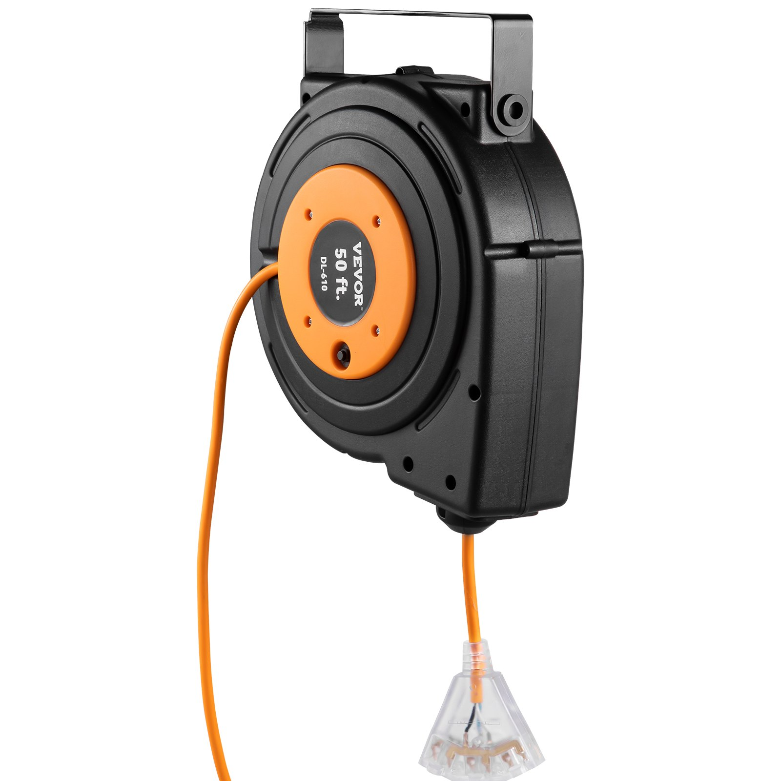 VEVOR Retractable Extension Reel, 50 ft Heavy Duty 14AWG/3C Sjtow Power Cord with Lighted Triple Tap Outlet, 13 Amp Circuit Breaker, 180° Swivel