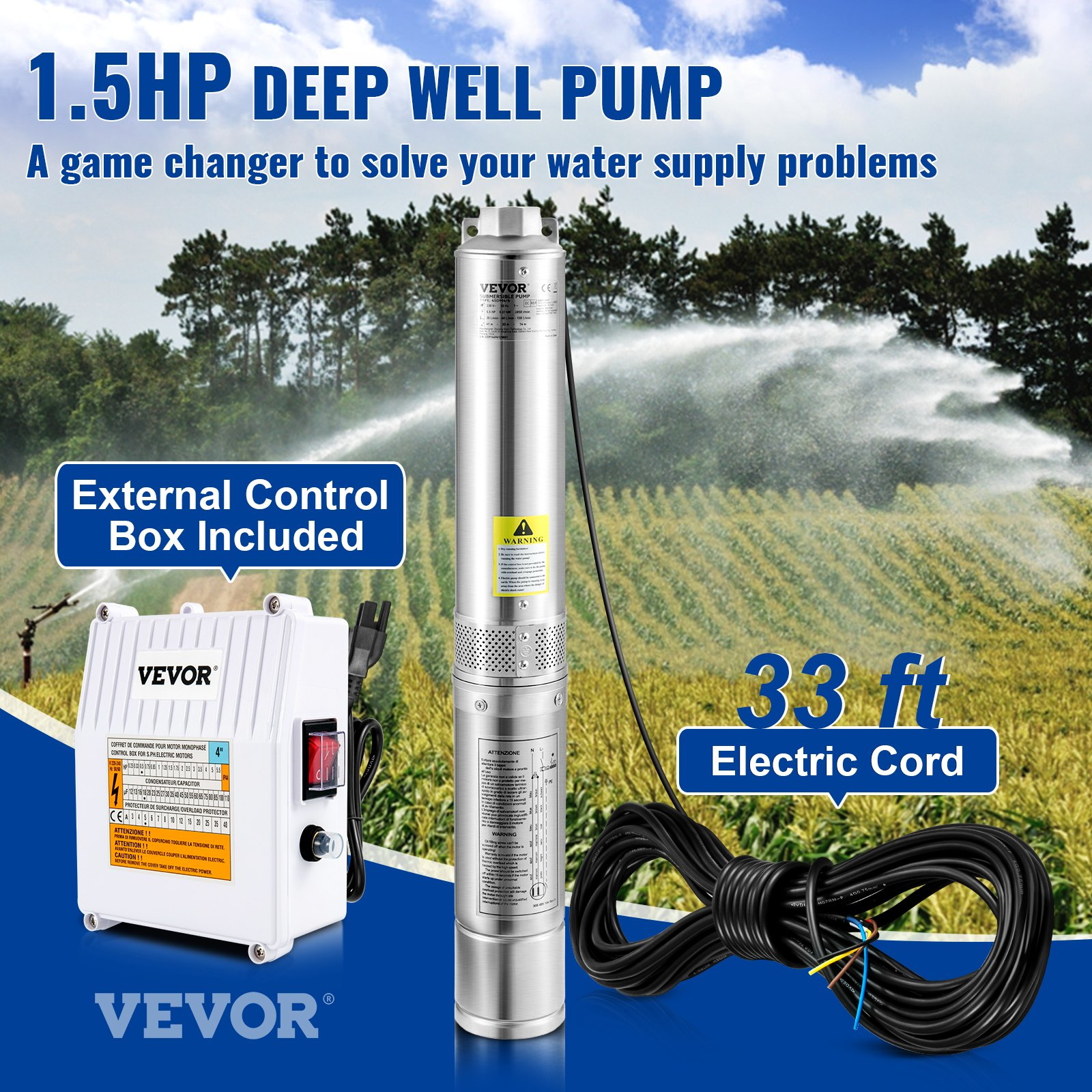 1.5HP Deep Well Submersible Pump 37GPM, 115V 4" Stainless Pump w/ Cord & Box