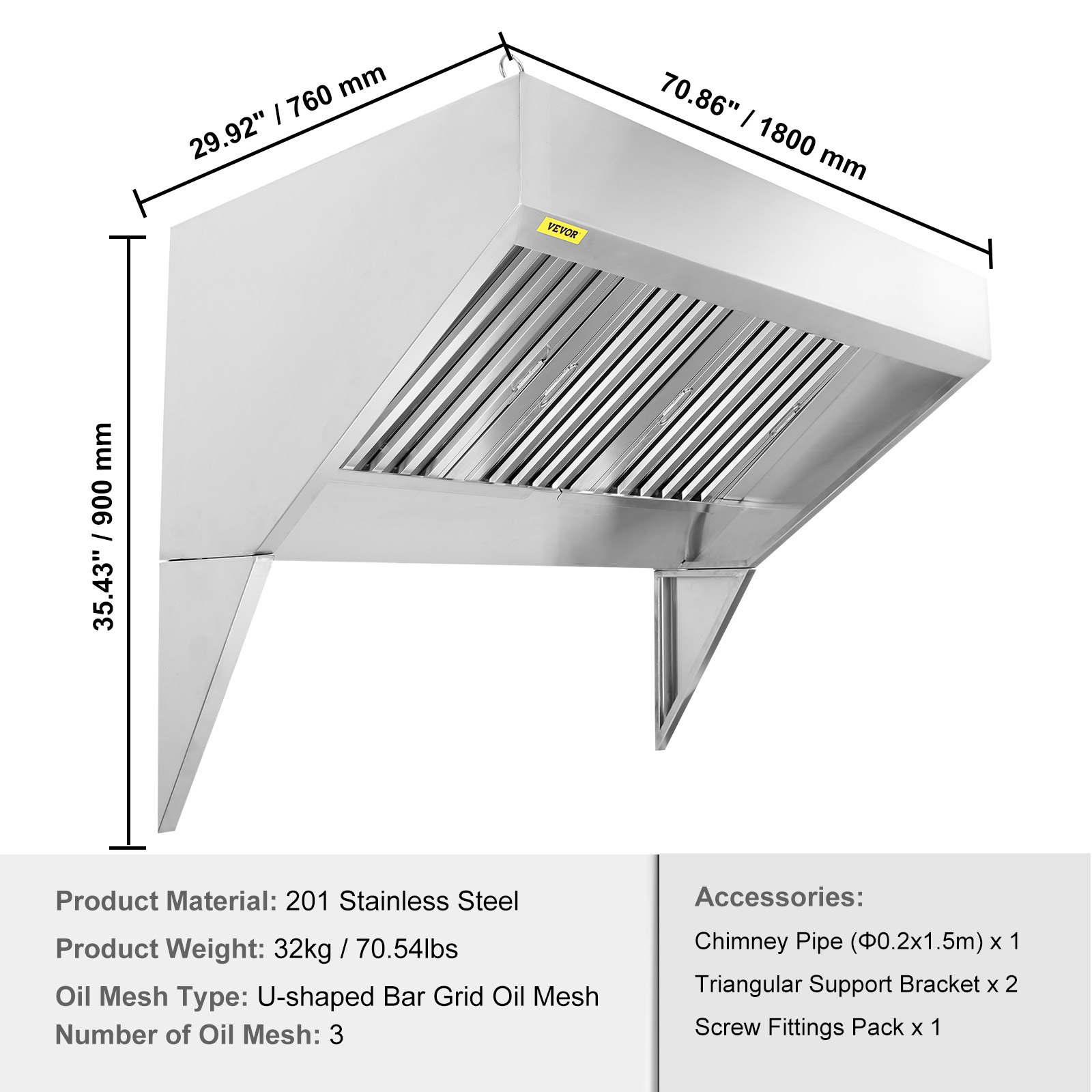 Commercial Exhaust Hood, Rust Resistant Vent Hood for Kitchen Restaurant