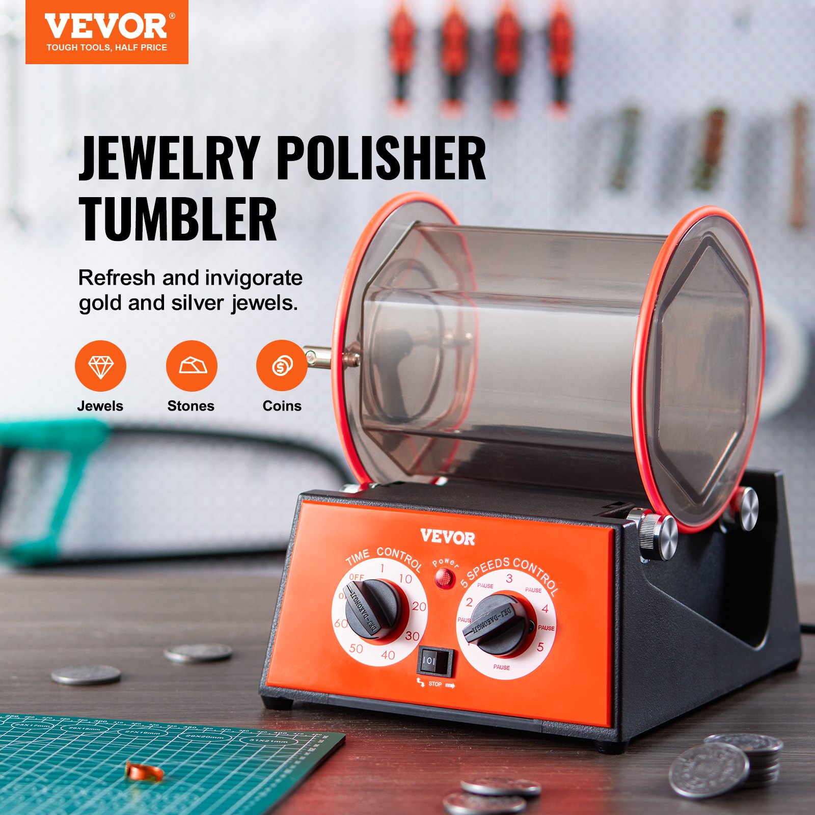 Jewelry Polisher Tumbler, 11lbs/5kg Capacity Mini Rotary Tumbler Machine with 0
