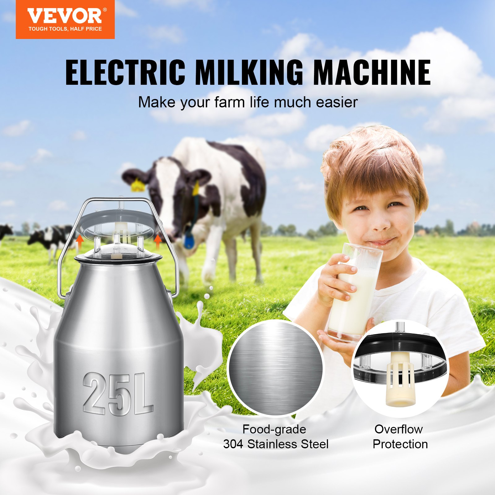 Electric Cow Milking Machine 6.6Gal 25L SS Bucket Auto Vacuum Portable