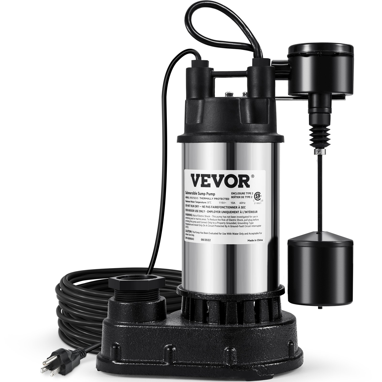 VEVOR 1.5 HP Submersible Cast Iron and Steel Sump Pump, 6000 GPH Submersible Wat