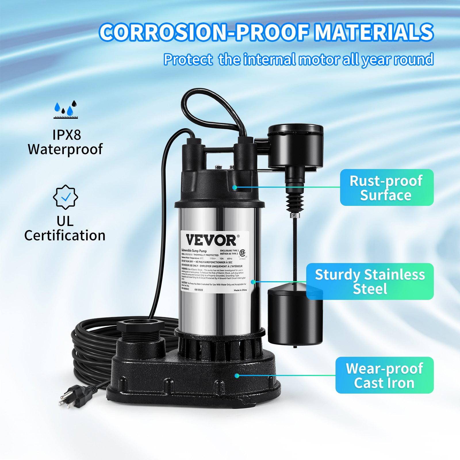 VEVOR 1.5 HP Submersible Cast Iron and Steel Sump Pump, 6000 GPH Submersible Wat