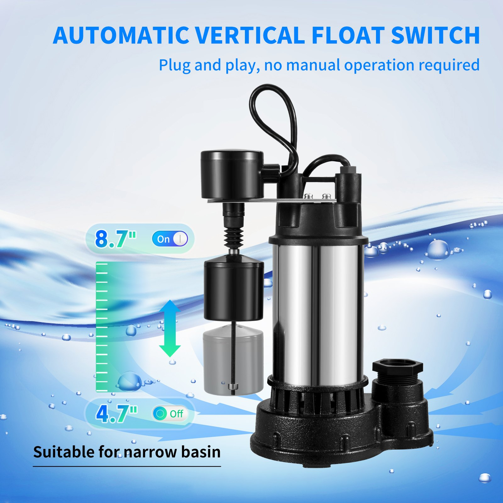 VEVOR 1.5 HP Submersible Cast Iron and Steel Sump Pump, 6000 GPH Submersible Wat