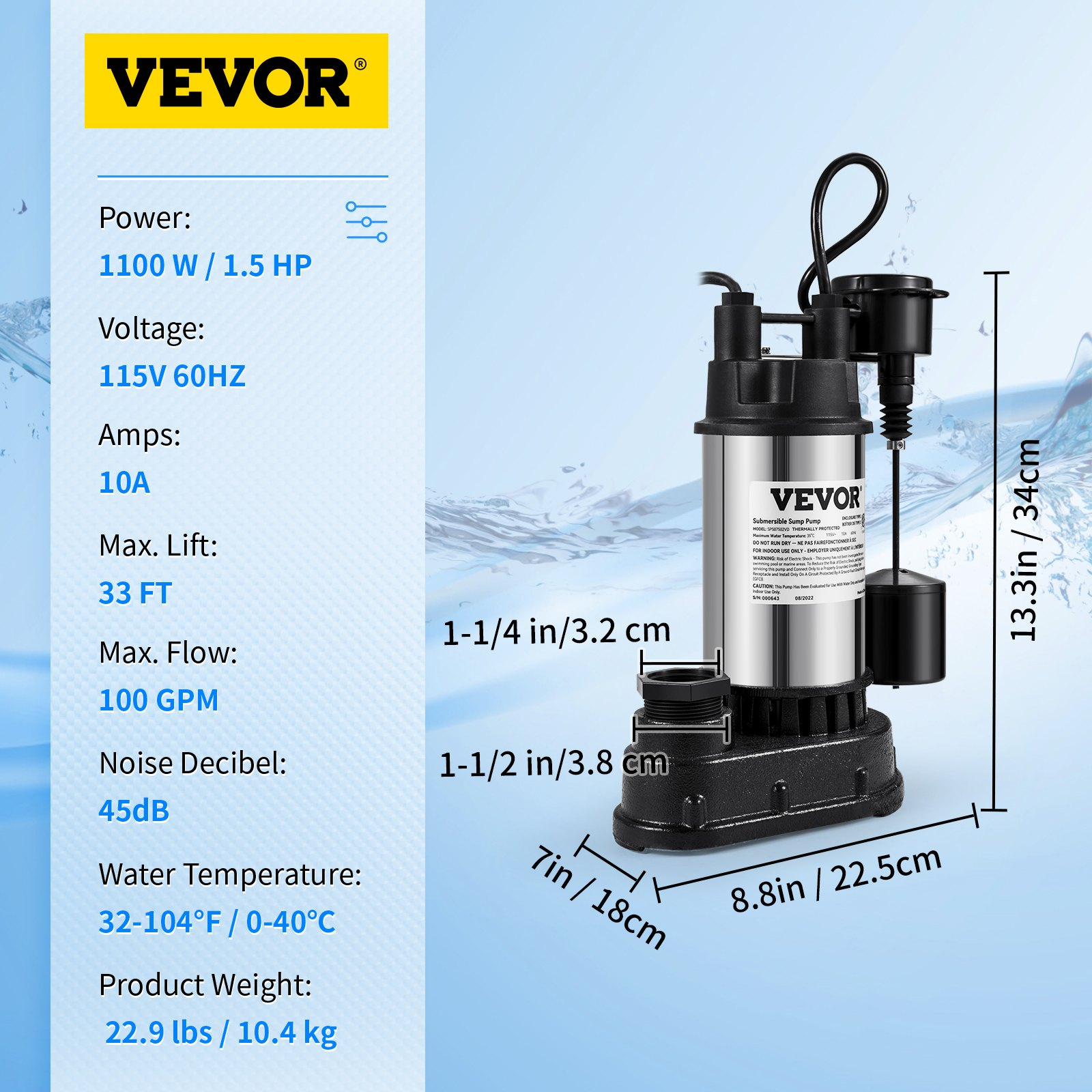 VEVOR 1.5 HP Submersible Cast Iron and Steel Sump Pump, 6000 GPH Submersible Wat