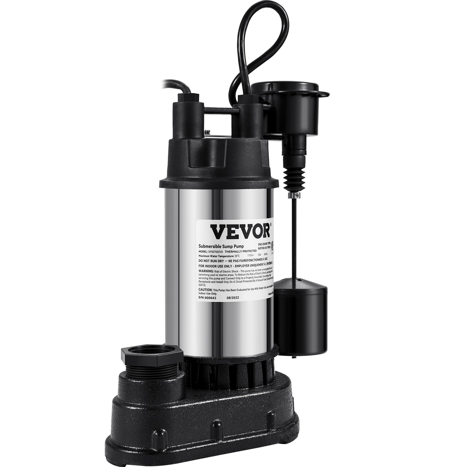 VEVOR 1.5 HP Submersible Cast Iron and Steel Sump Pump, 6000 GPH Submersible Wat