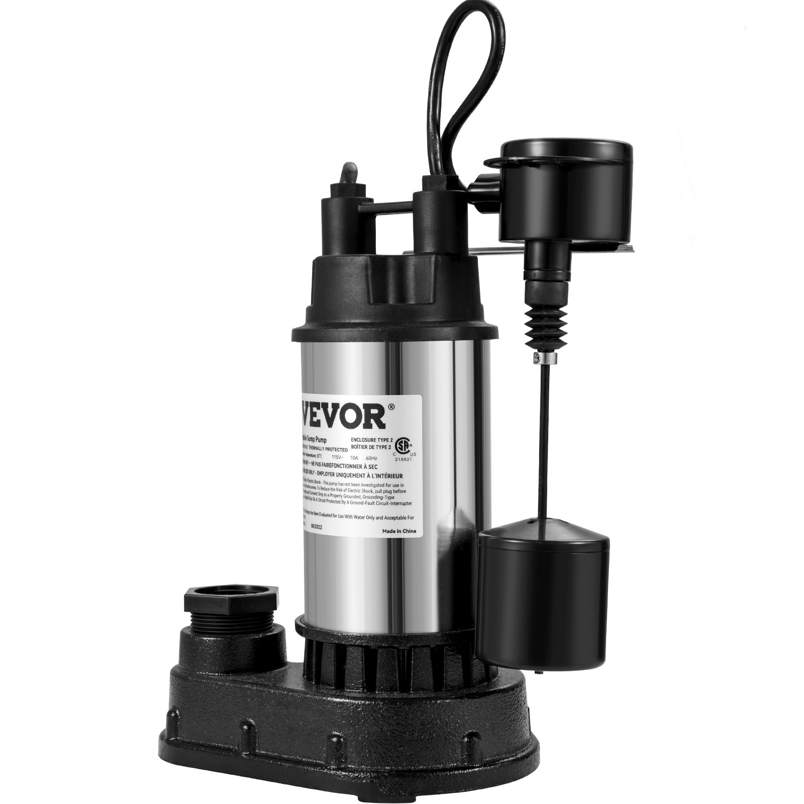 VEVOR 1.5 HP Submersible Cast Iron and Steel Sump Pump, 6000 GPH Submersible Wat