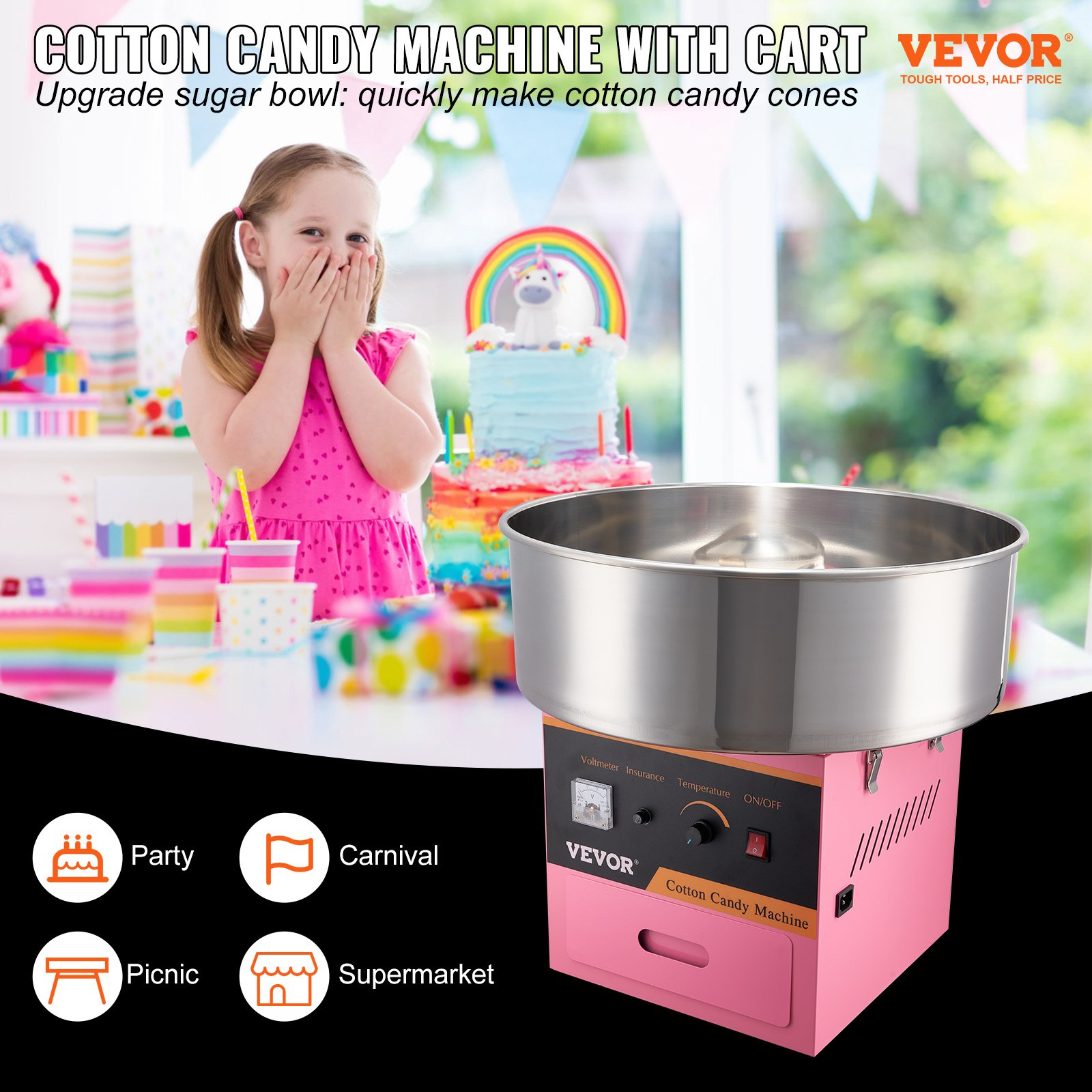 Electric Cotton Candy Machine, 1000W Candy Floss Maker, Commercial Cotton Candy