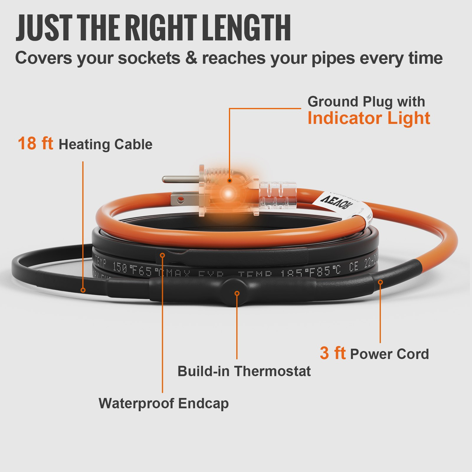 Self-Regulating Pipe Heating Cable, 18-feet 5W/ft Heat Tape for Pipes Freeze Pro