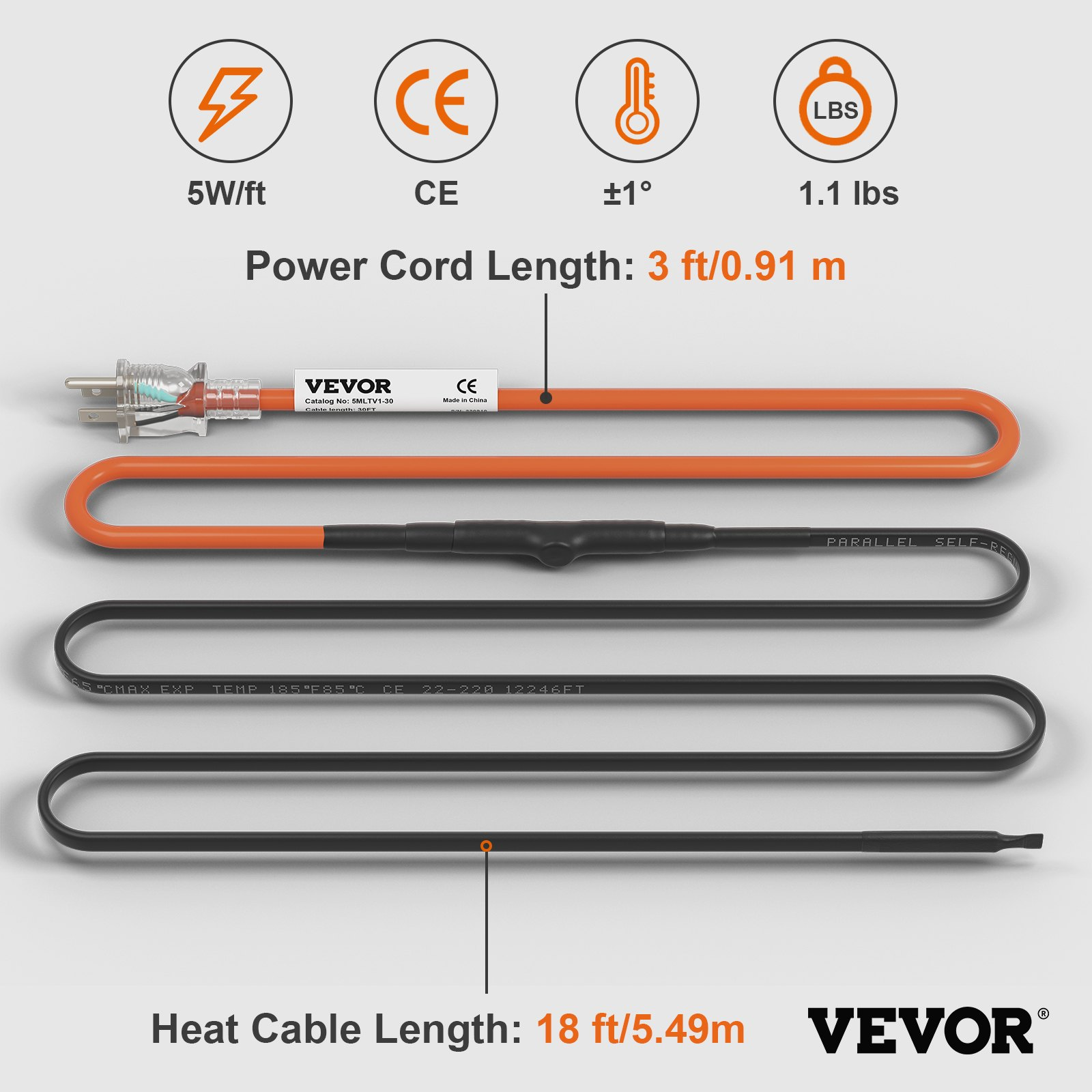 Self-Regulating Pipe Heating Cable, 18-feet 5W/ft Heat Tape for Pipes Freeze Pro