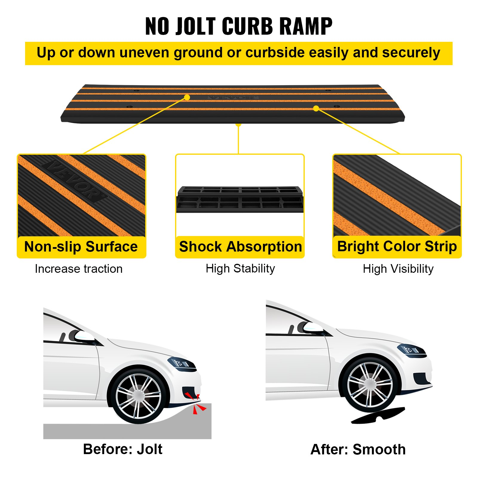 VEVOR Rubber Curb Ramp for Driveway 2 Pack, 15T Heavy Duty Sidewalk Curb Ramp, 2