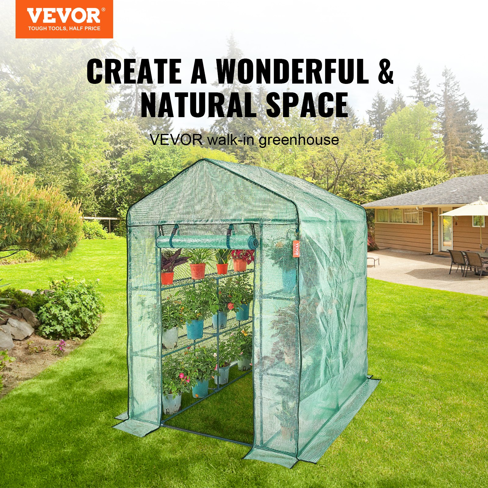 Walk-in Green House, 4.6 x 4.6 x 6.6 ft, Suitable for Planting and Storage