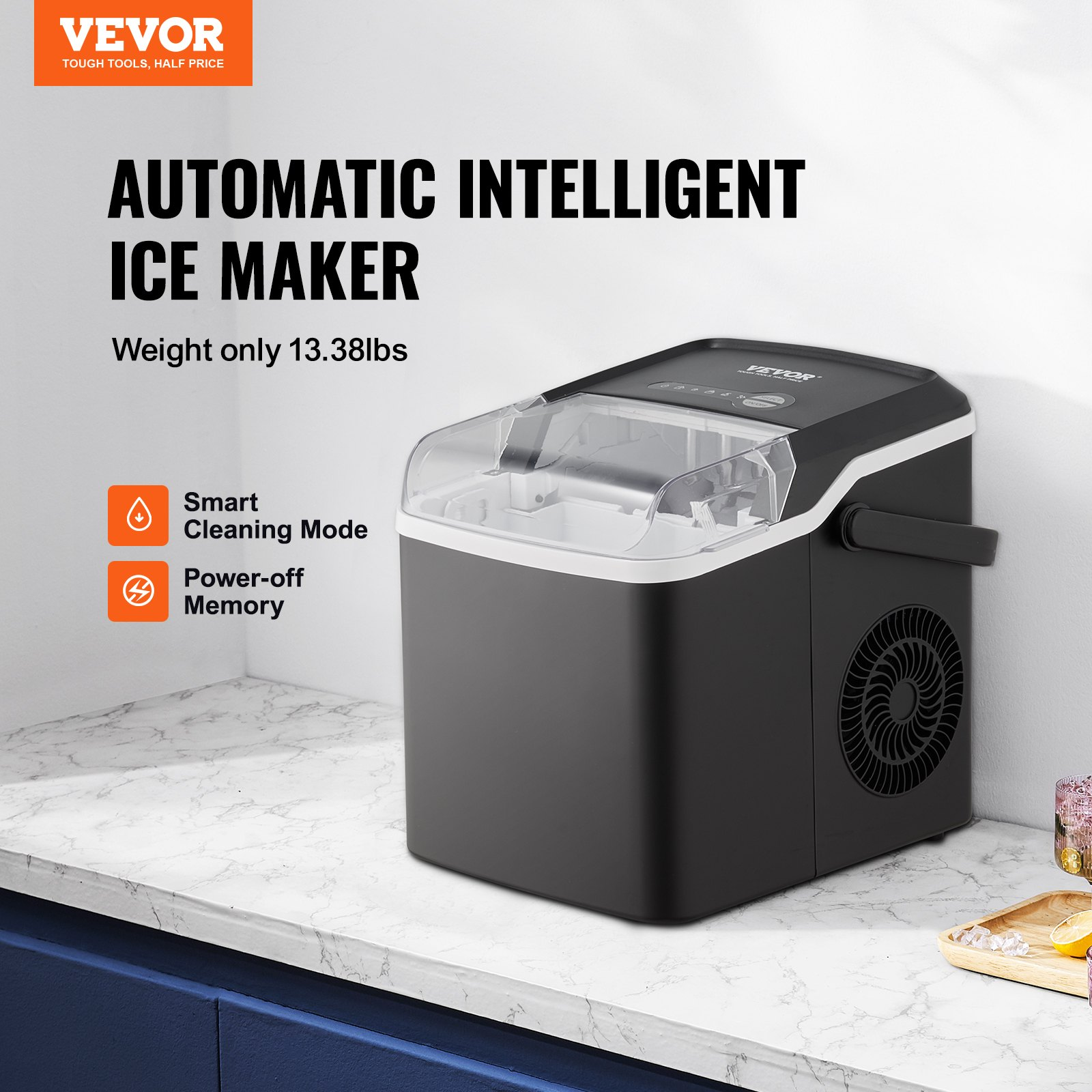 VEVOR Countertop Ice Maker 9 Cubes Ready in 7 Mins 26lbs in 24Hrs Self-Cleani