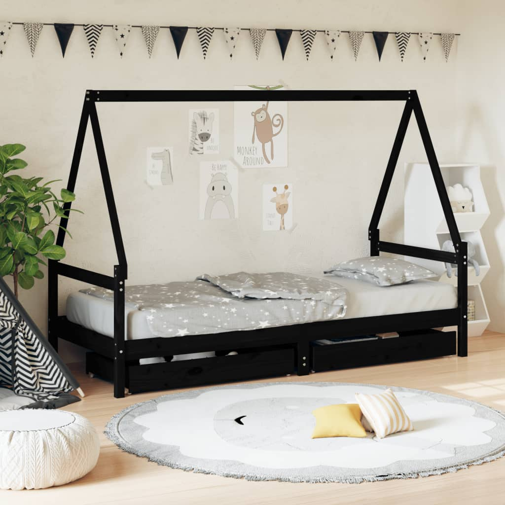 vidaXL Kids Bed Frame with Drawers Black 80x200 cm Solid Wood Pine