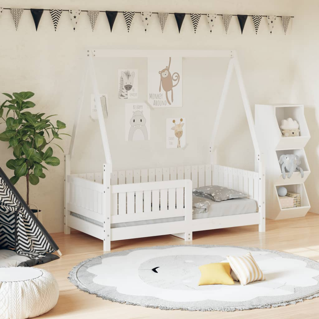 Kids White Bed Frame - 70x140 cm | Solid Pine Wood Toddler House Bed | Fun and C