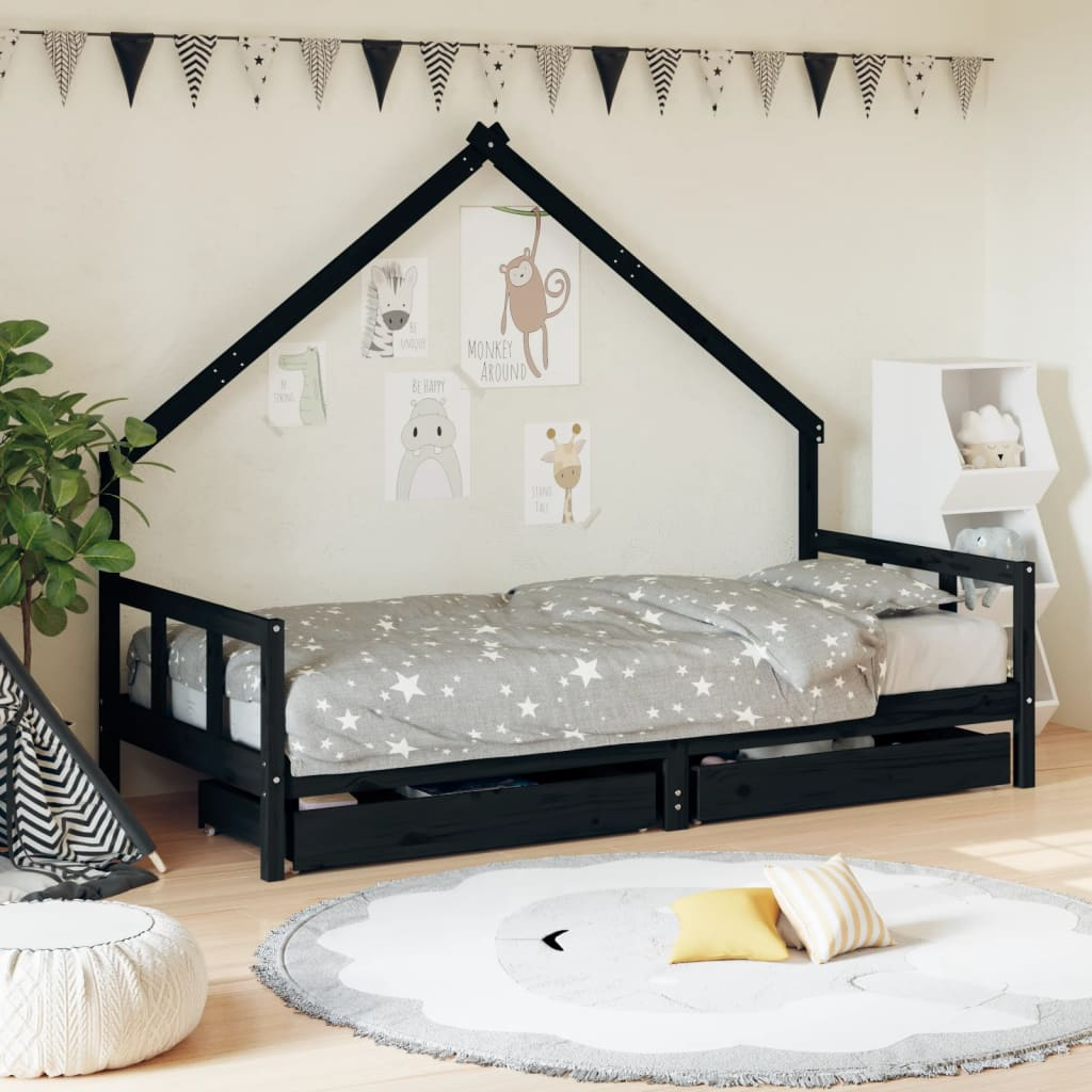 vidaXL Kids Bed Frame with Drawers Black 90x200 cm Solid Wood Pine